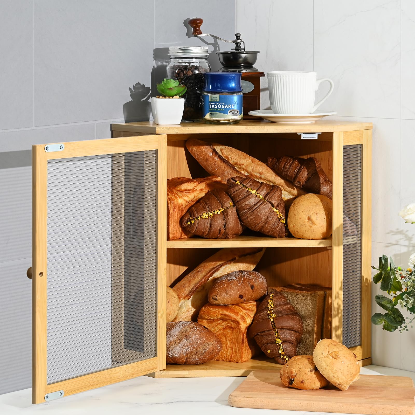 Caja de pan, contenedor de pan de bambú, contenedores de almacenamiento de doble capa de gran capacidad, caja de pan para encimera de cocina, protector de pan con panel de puerta ondulado