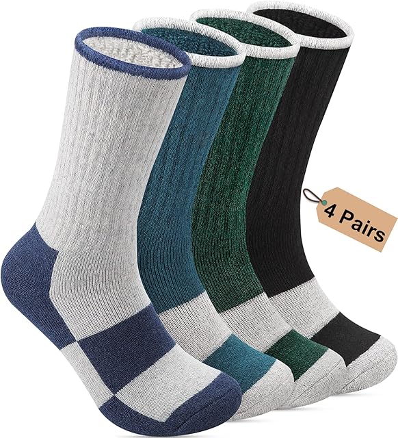 Thermal Socks for Men, Thick Wool Warm Socks Men 6-12, Winter Soft Walking Hiking Socks Mens Woolen Heavy Cosy Boot Socks for Cold Weather, 4 Pairs