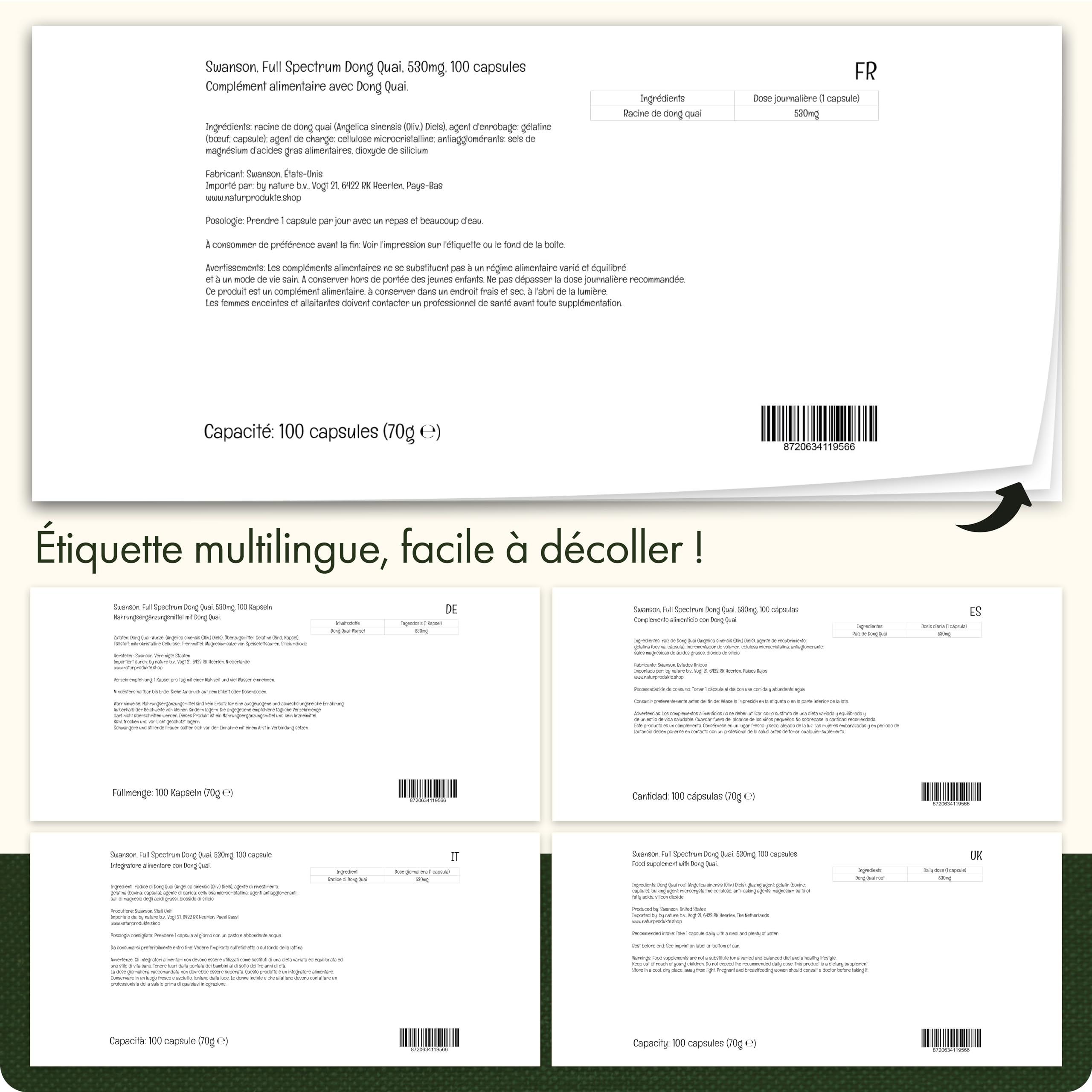 Swanson, Full Spectrum Dong Quai Root (Racine de Dong Quai), 530mg, 100 Capsules, Sans Soja, Sans Gluten, Sans OGM