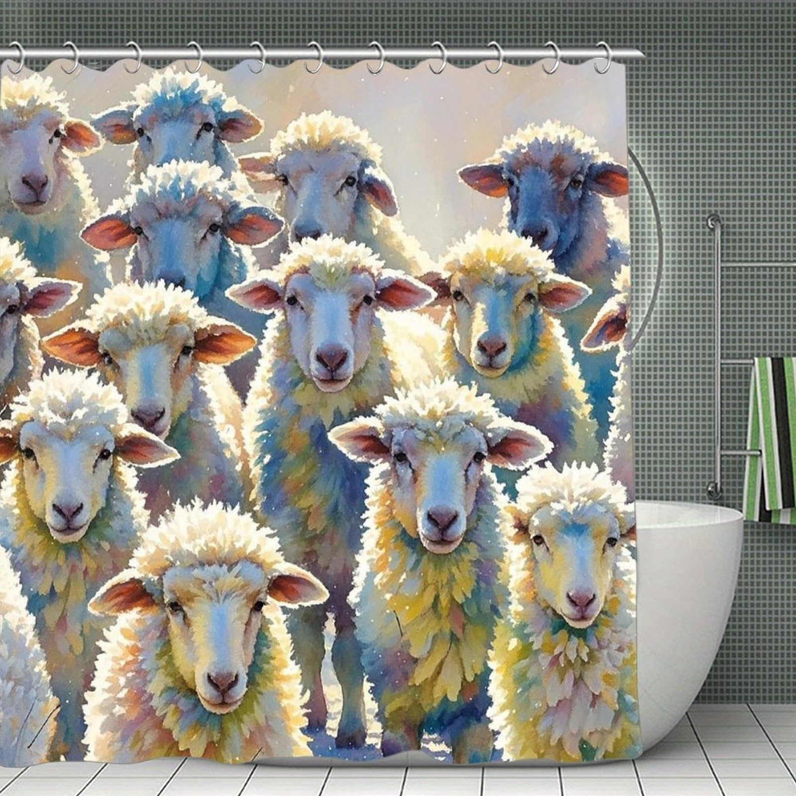 FekiLoot Watercolor Sheeps Shower Curtain with Hooks Modern Farmhouse Bathroom Curtain Waterproof Cloth Bath Curtains Cute Washable Blackout Privacy Curtains for Bathroom Bathtub 70.8"x70.8"
