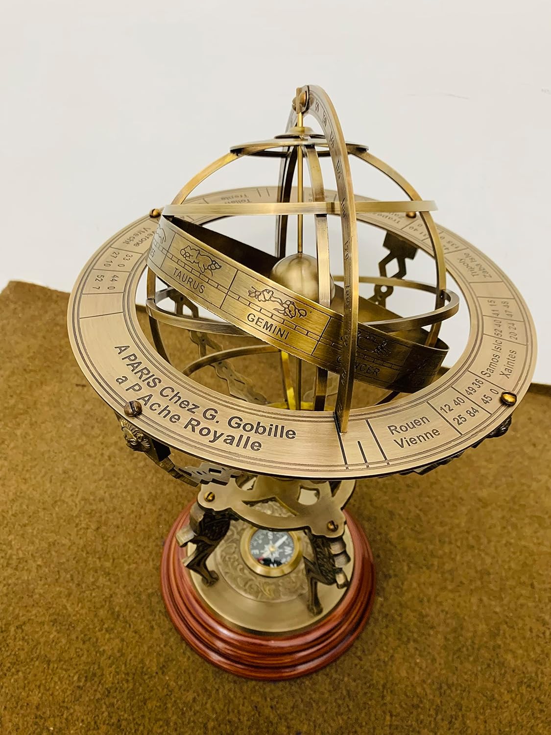 18inch Antique Brass Engraved Armillary Sphere Globe Nautical Compass Armillary on Wooden Base-Four Lion Armillary for Table Decoration