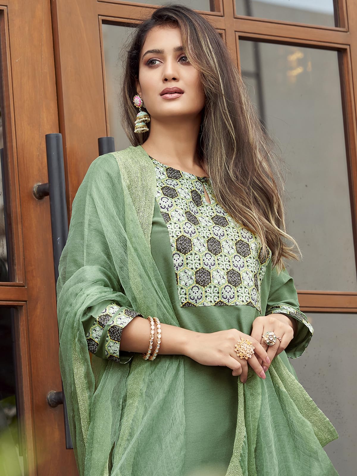Sanisa Women's Art Silk Printed Straight Kurta With Pant And Plain Dupatta (103Kbd1124Nz-S_Mint Green)