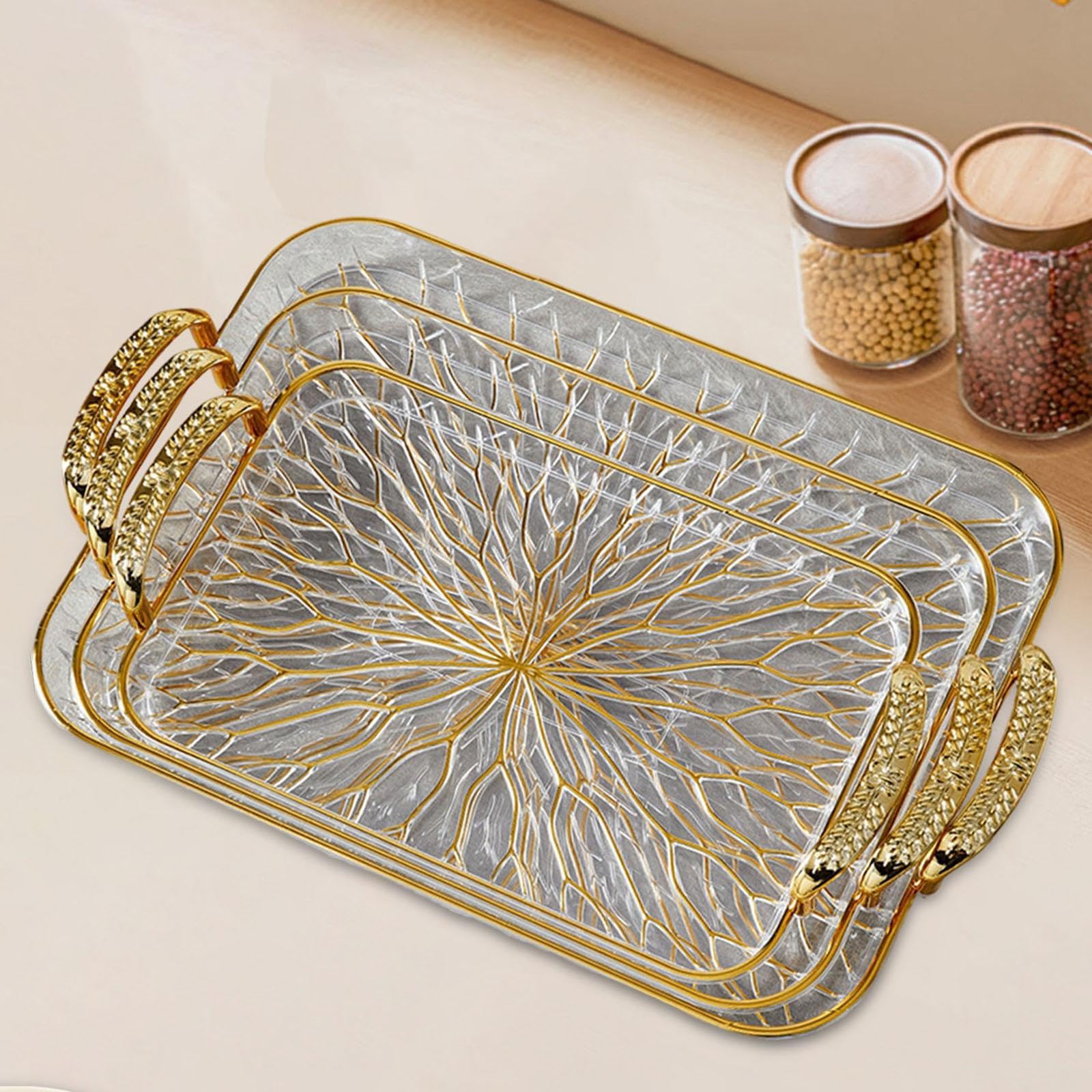 rockible Bandeja de Servir de 3 Piezas con Asa, Organizador de Mostrador para Joyas, Ideal para Hoteles, Claro Y Dorado, Individual