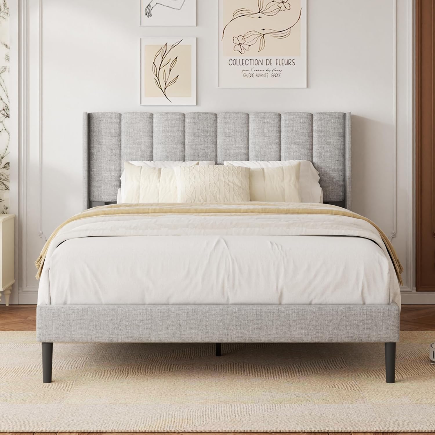 HAOARA Queen Size Velvet Bed Frame with Vertical Chanel Tufted Headboard and Wingback, Upholstered Platform Bed, No Box Spring Needed, Strong Wooden Slats, Light Grey