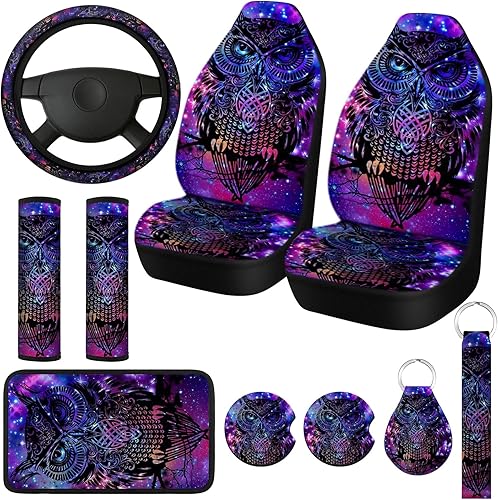 Juego de 10 fundas de asiento de automóvil de búho colorido morado, fundas para volante de automóvil, almohadillas para cinturón de seguridad