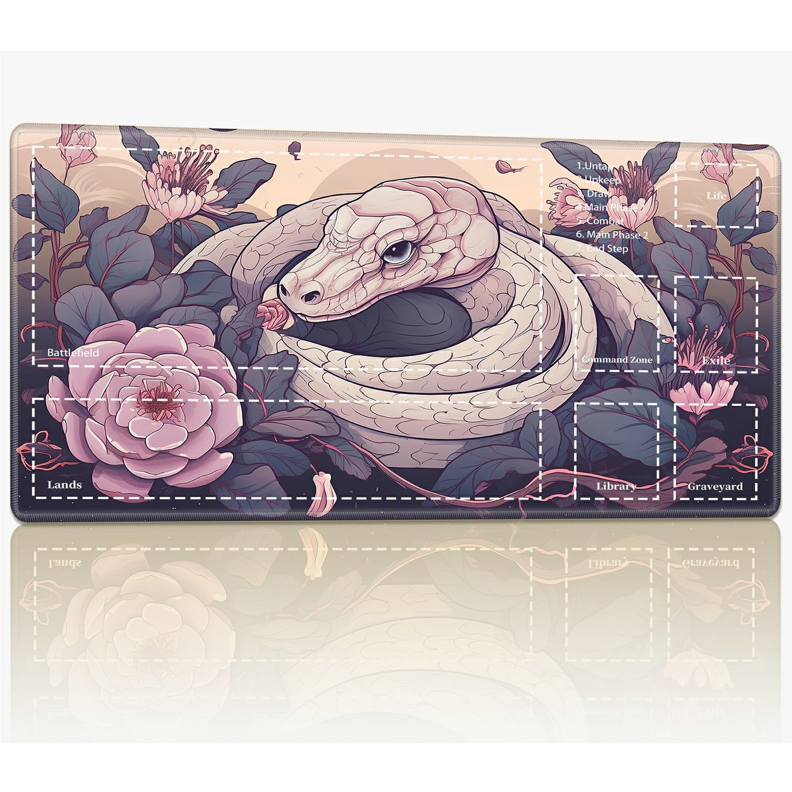 Playmat with Zones for MTG Magic The Gathering, 24 x 14 inches Stitched TCG Trading Card Play Mat Commander Board Game Mats Smooth Rubber Surface Battle Game Desk Mat, Snake Pink Flower — image 1