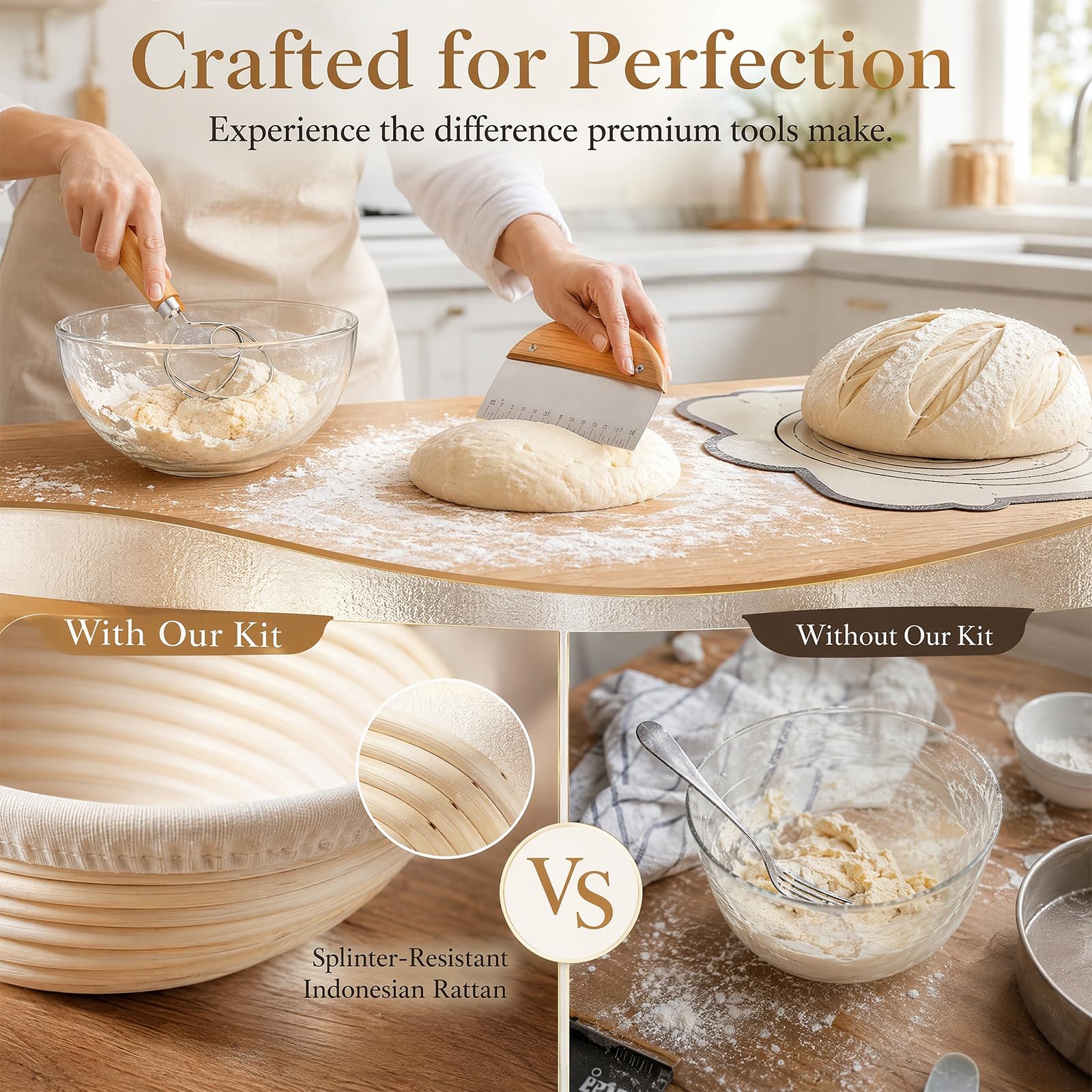 Kit Masa Madre Completo con Cesta de Fermentación Ratán | Jarra de Vidrio, Batidor y Cortador, Accesorios Panadería Artesanal para Principiantes y Regalo, Transpirable
