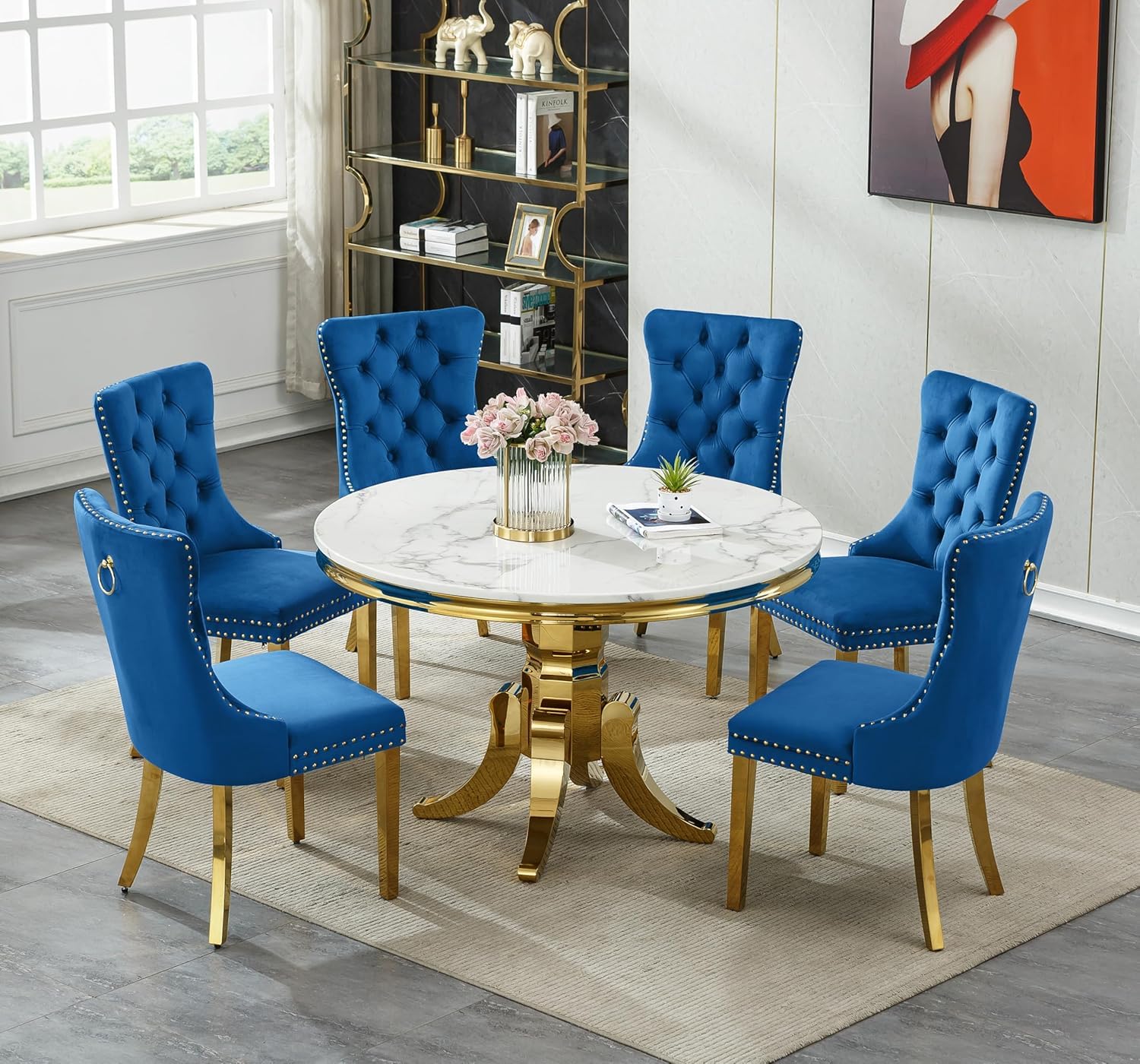 7-Piece Round Dining Table Set for 6, 45" Faux Marble Kitchen Tables Set with 6 Blue Tufted Chairs, White Gold Circle Dining Table with Steel American-Base, Round Dining Room Table Set for 6
