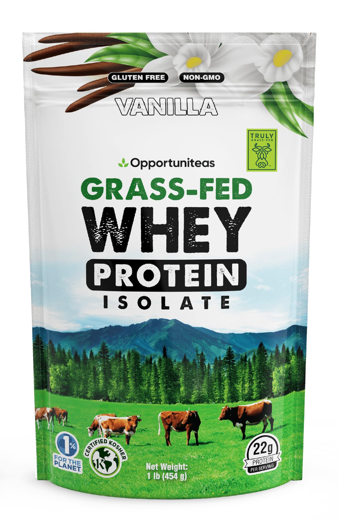 Opportuniteas Grass Fed Vanilla Whey Protein Isolate Powder - 22g Protein Powder Without Artificial Sweeteners, Hormone-Free Cows, Non GMO - 1lb