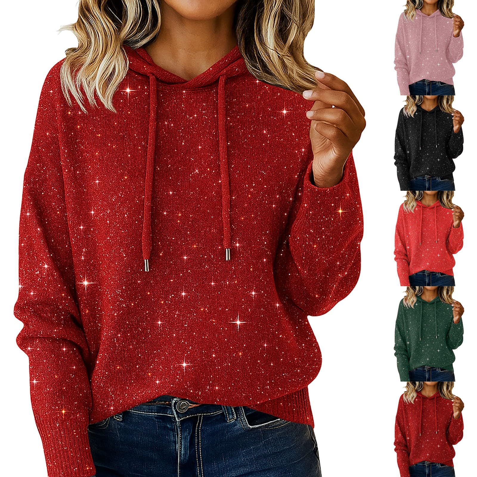 Cozy Cashmere Sweaters for Women Long Sleeve Knits Hoodie Sequin Sweater Sparkly Glitter Holiday Loose Pullover Tops