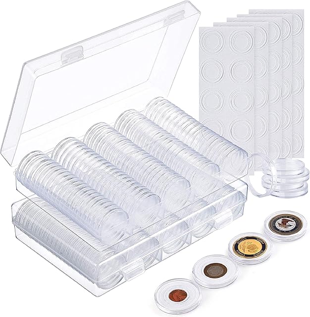 MATANA - 200 Acrylic Coin Holder Capsules, Foam Gaskets & 2 Organizer Boxes, Collectors Gift Set