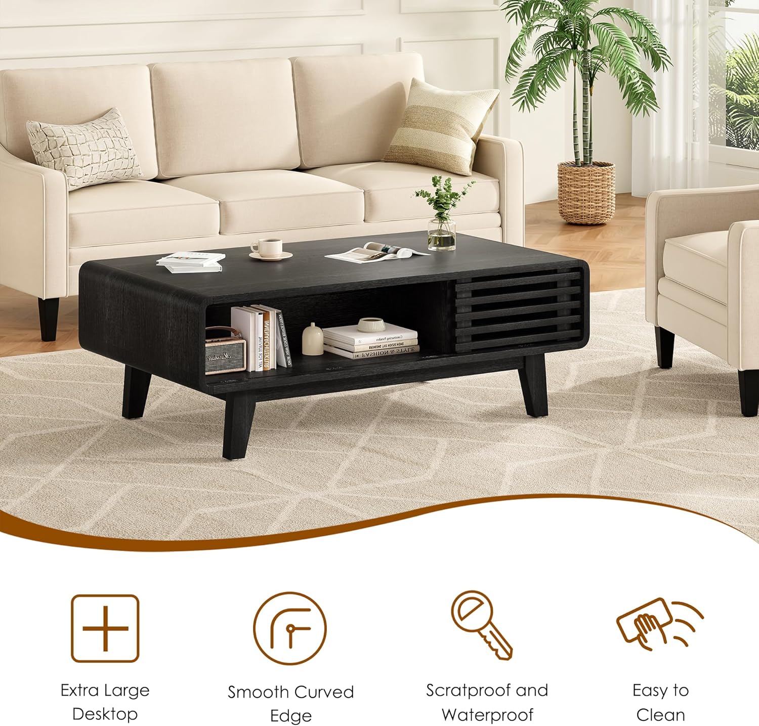 Soohow Modern Coffee Table with Storage, Mid-Century Farmhouse Wood Table for Living Room, Stylish Center Table for Home Decor