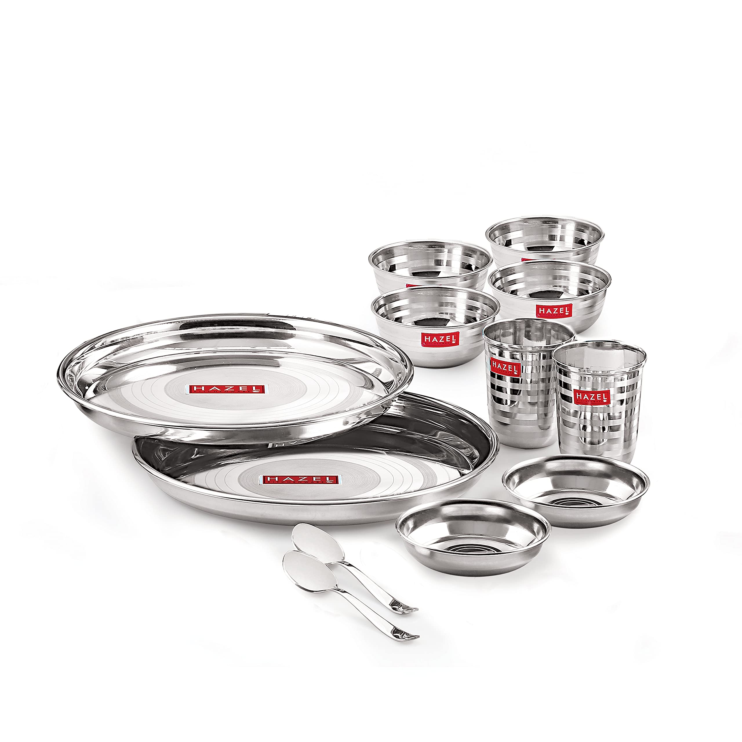 HAZEL Stainless Steel Dinner Set of 12 | Dinner Set Steel (2 Plate, 4 Curved Wooden Bowl , 2 Spoon, 2 Dessert Plate, 2 Glass) 12 Pieces, Silver - Image 2 thumbnail