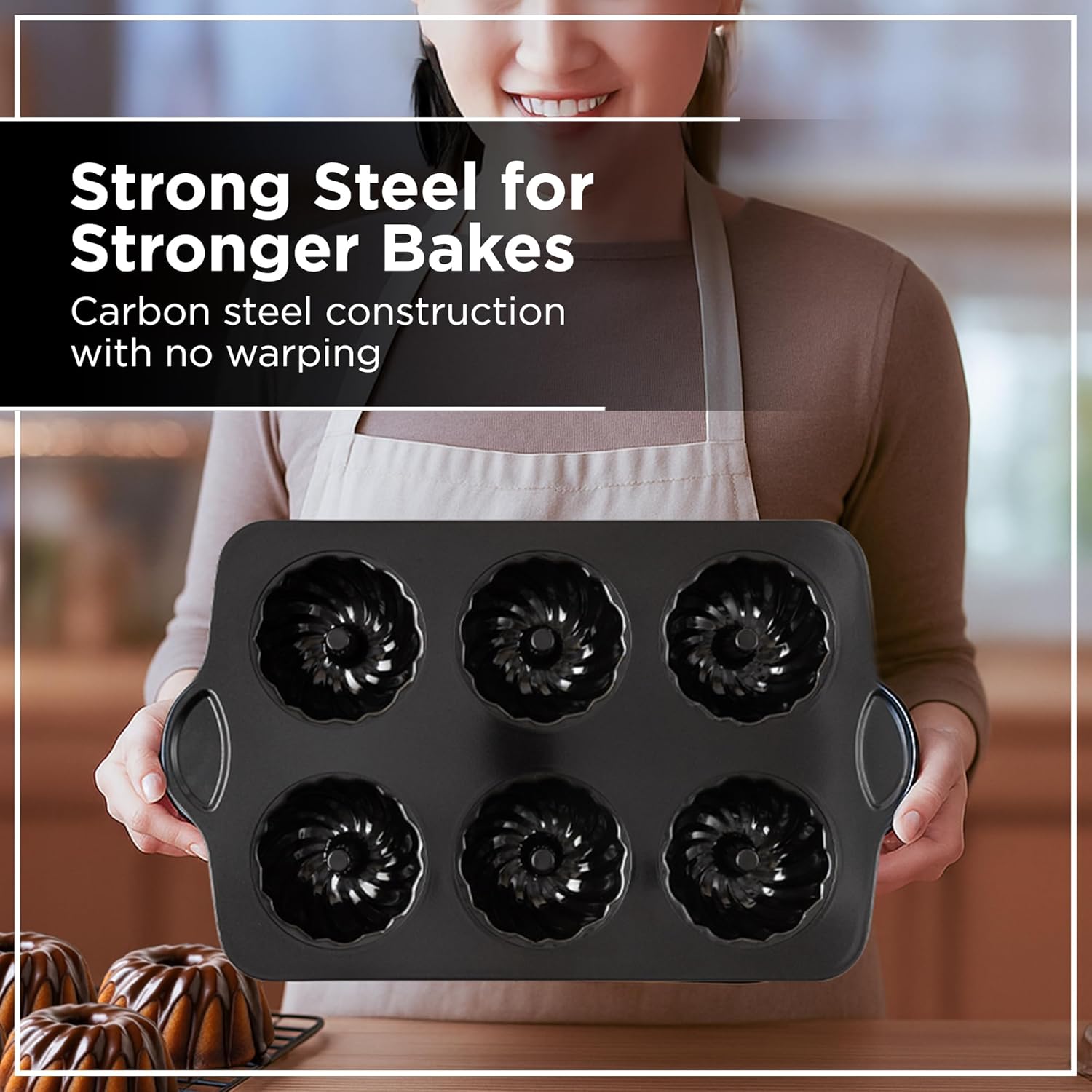 Wrenbury Swirl Buntz Pan for Baking Mini Non-Stick - 6 Cup Fluted Cake Tin for Small Cakes - PFOA Free and Dishwasher Safe - 3.75” Cup Width - Image 4