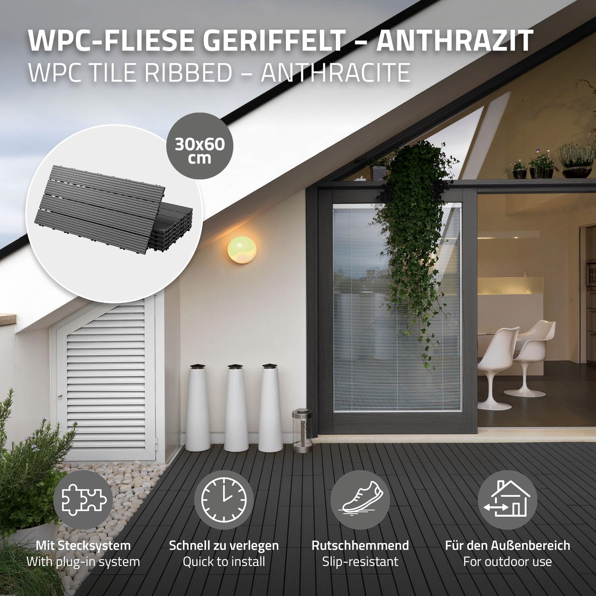 ECD Germany Dalles Terrasse Clipsables WPC 60x30 cm/12 pièces=2m² Anthracite Strié Aspect Bois Panneaux avec Système à Clic et Drainage Revêtement de Sol Carrelage Lames Patio Jardin Extérieur
