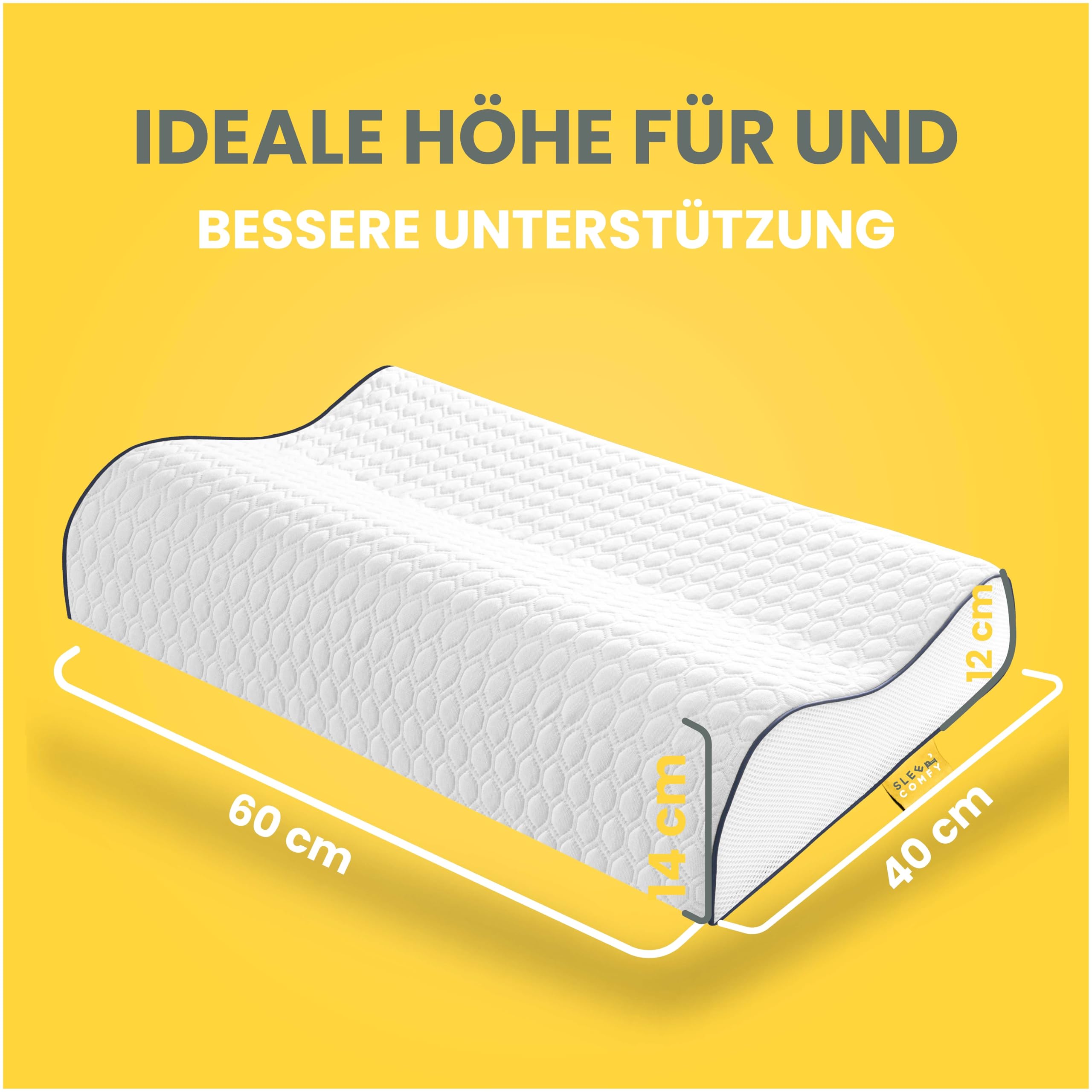 SLEEP COMFY - Premium Visco HWS Nackenkissen, 60x40x14/12cm, Kopfkissen mit Bezug, Nackenstützkissen Memory Foam Ergonomisches, Orthopädisches Kissen Seitenschläfer und Rückenschläfer, Antischnarchen