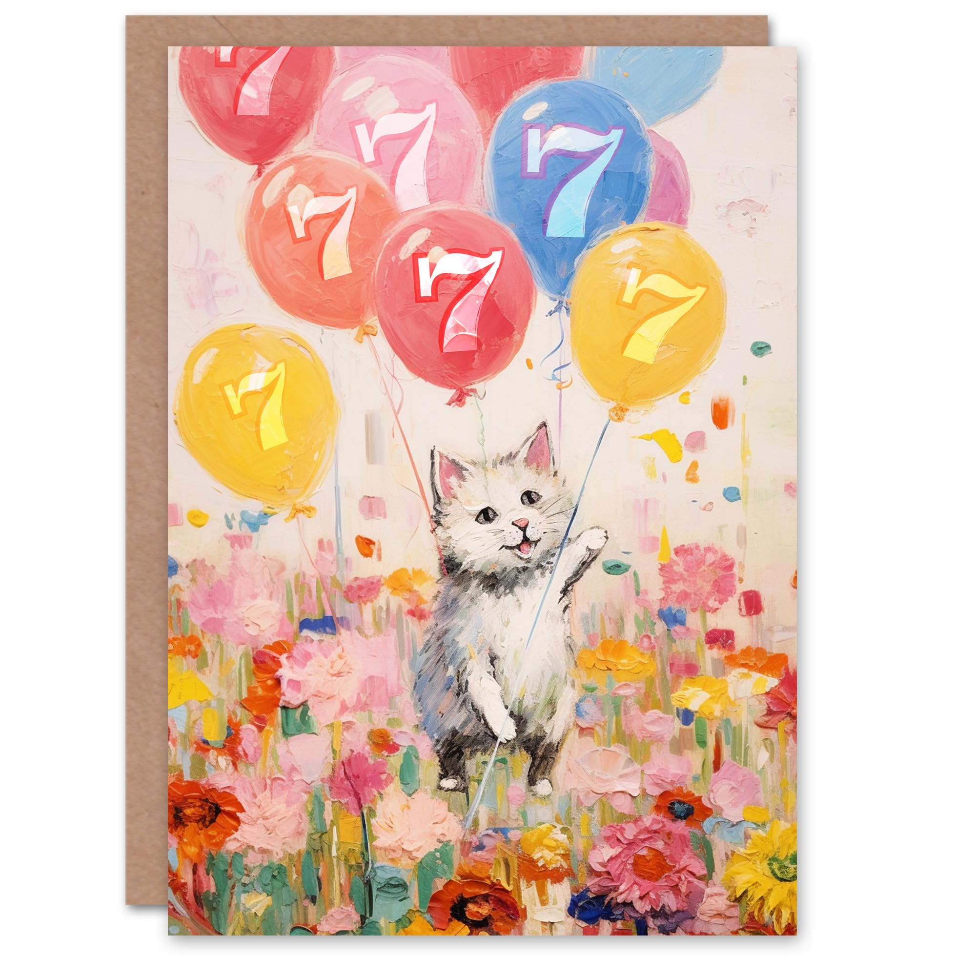 Artery8 7th Birthday Greeting Card Flowers Kitty Cat Balloons Kids Age 7 Year Old Child