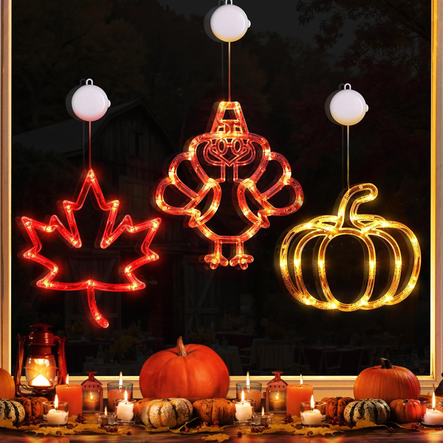 [Timer] 3 PCS Thanksgiving Lights Turkey Thanksgiving Decorations Lights with Suction Cup, Maple Leaf & Pumpkin Fall Lights Thanks Giving Lighted Window Decorations for Walls Home Fall Decor
