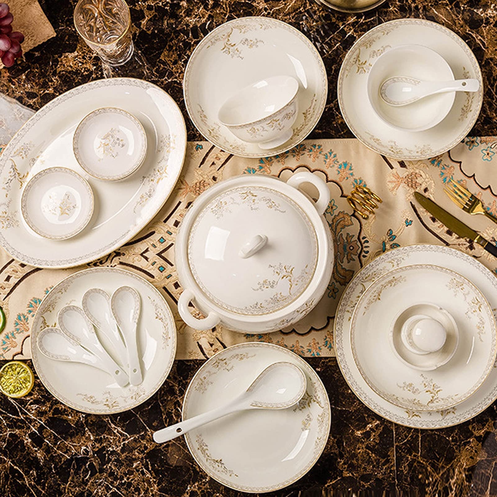 Zestaw Ceramicznych Naczyń Obiadowych W Stylu Retro, Piękny Zestaw Z Porcelany W Kolorze Złotym I Białym, Idealny Na Domowe Przyjęcie, Wesele, Hotel, Boże Narodzenie