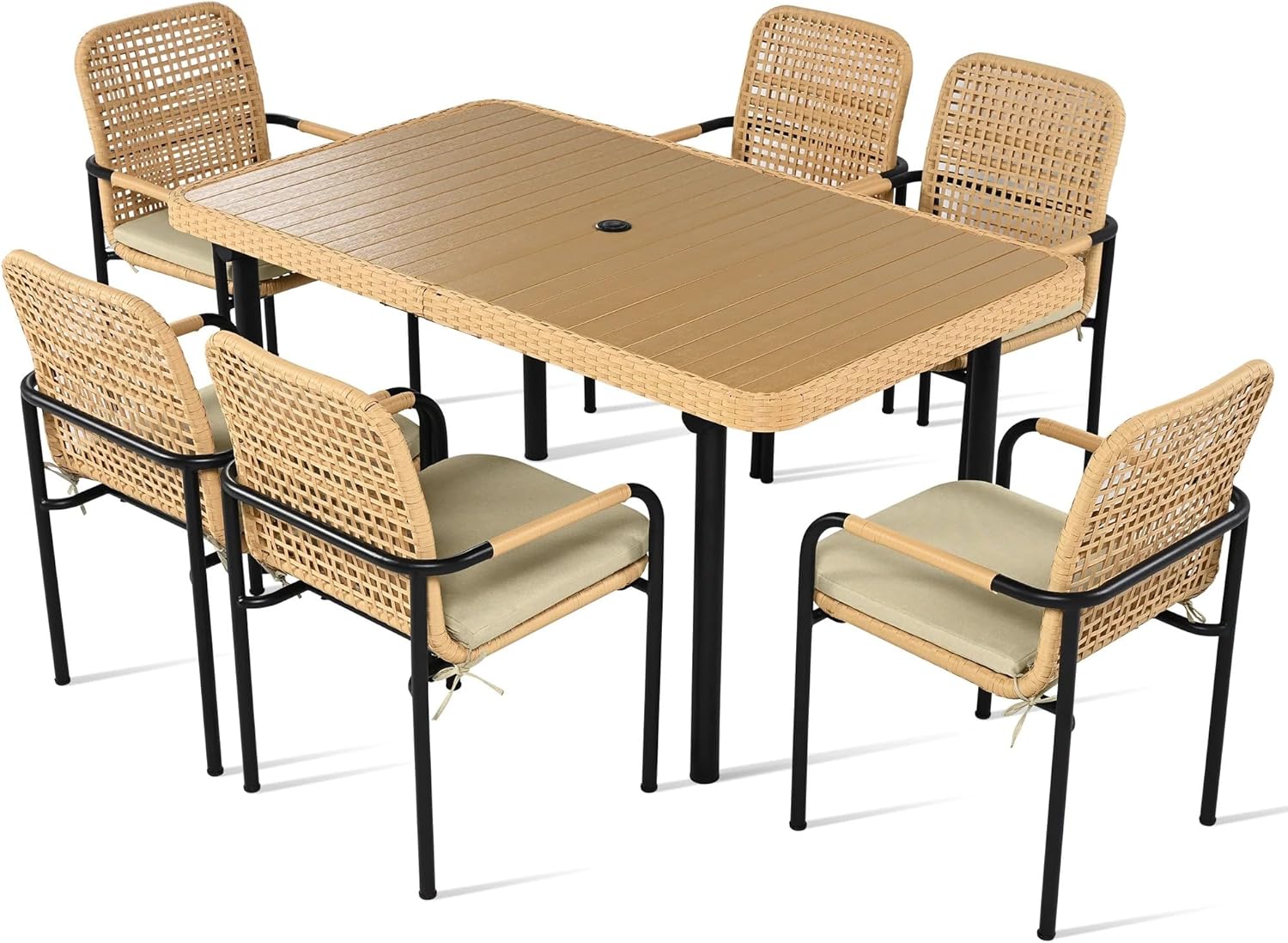 7 Pieces Patio Dining Set, Outdoor Wicker Furniture Set, Plastic-Wood Table Top with Umbrella Hole, Rattan Dining Set for Backyard, Garden and Poolside,Beige Cushions (Oatmeal)