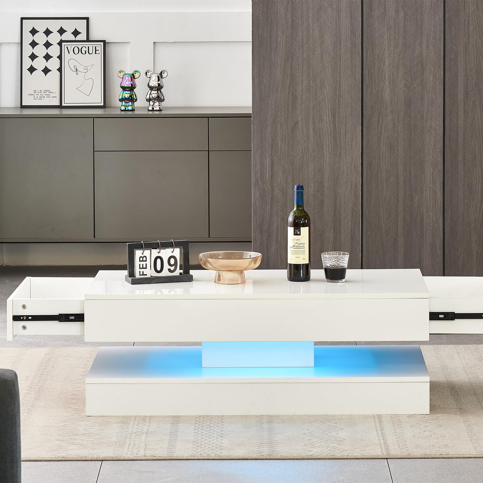 ZOONFA White High Gloss Coffee Table with 16 Colors RGB LED Light 2 Drawer Storage Rectangular Side Centre Table for Living Room Home Office Furniture