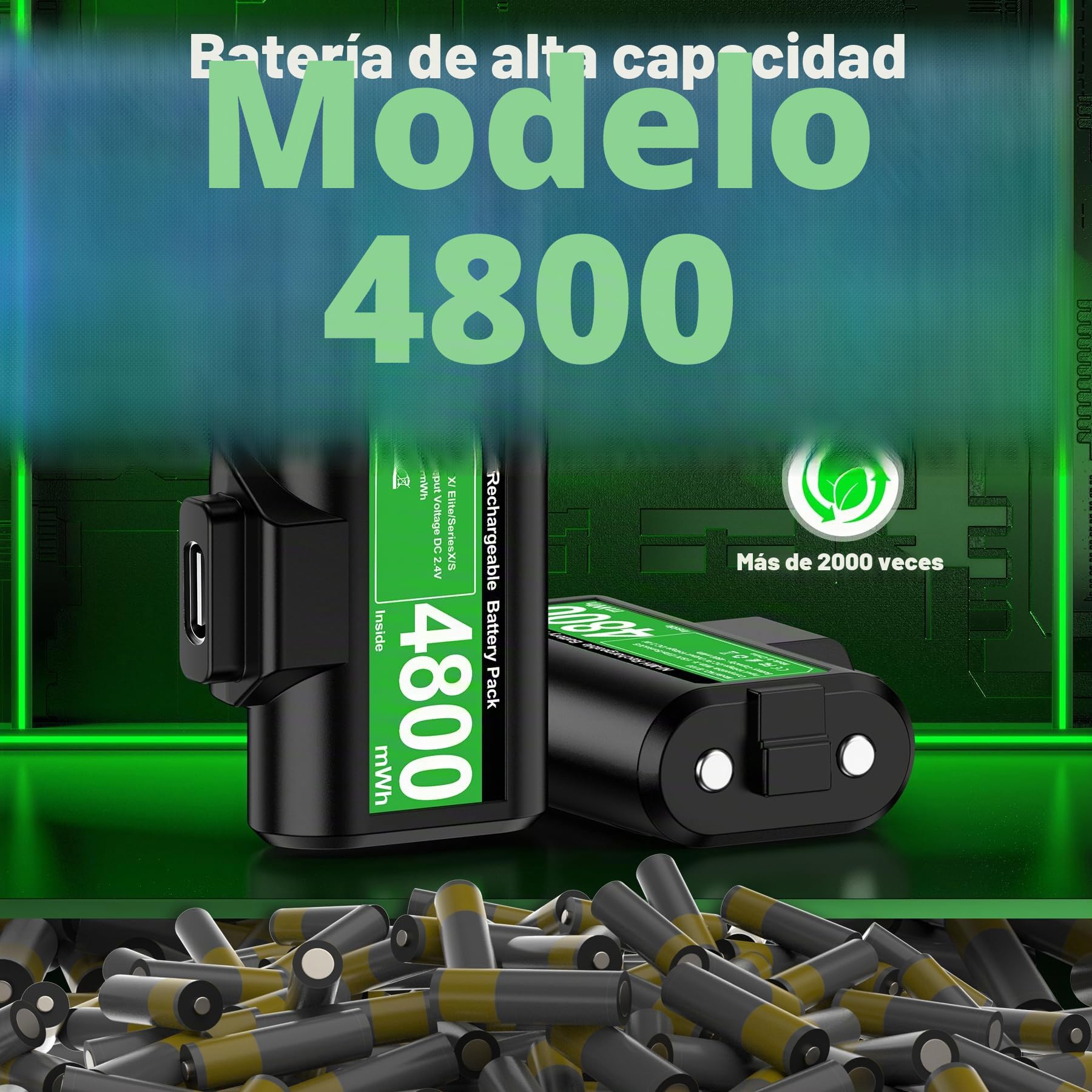 2 x 4800 mWh - Batería para Mando Xbox Series X, Recargable para Mando Xbox con 12 Horas de reproducción, Compatible con los mandos Xbox Series X/S, Xbox One S/X/Elite(Negro)