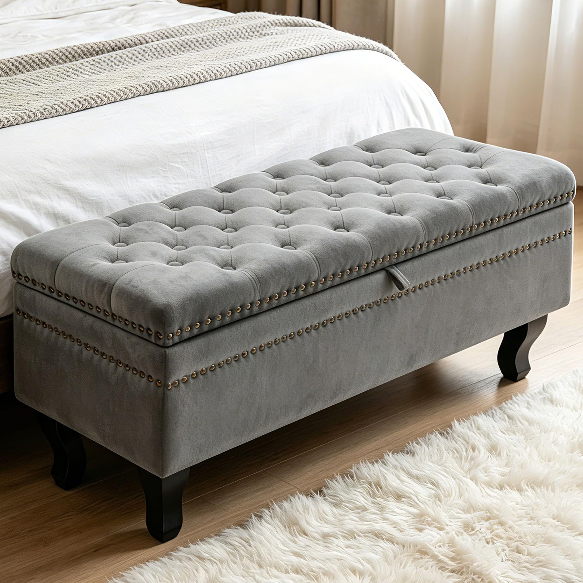 Sitzbank mit Stauraum Samt, Fusshocker Polsterbank mit Deckel, Garderobenbank, 103.5x40.5x45cm, Stauraum Hocker für Wohnzimmer Ankleidezimmer Schlafzimmer Flur (Grau)