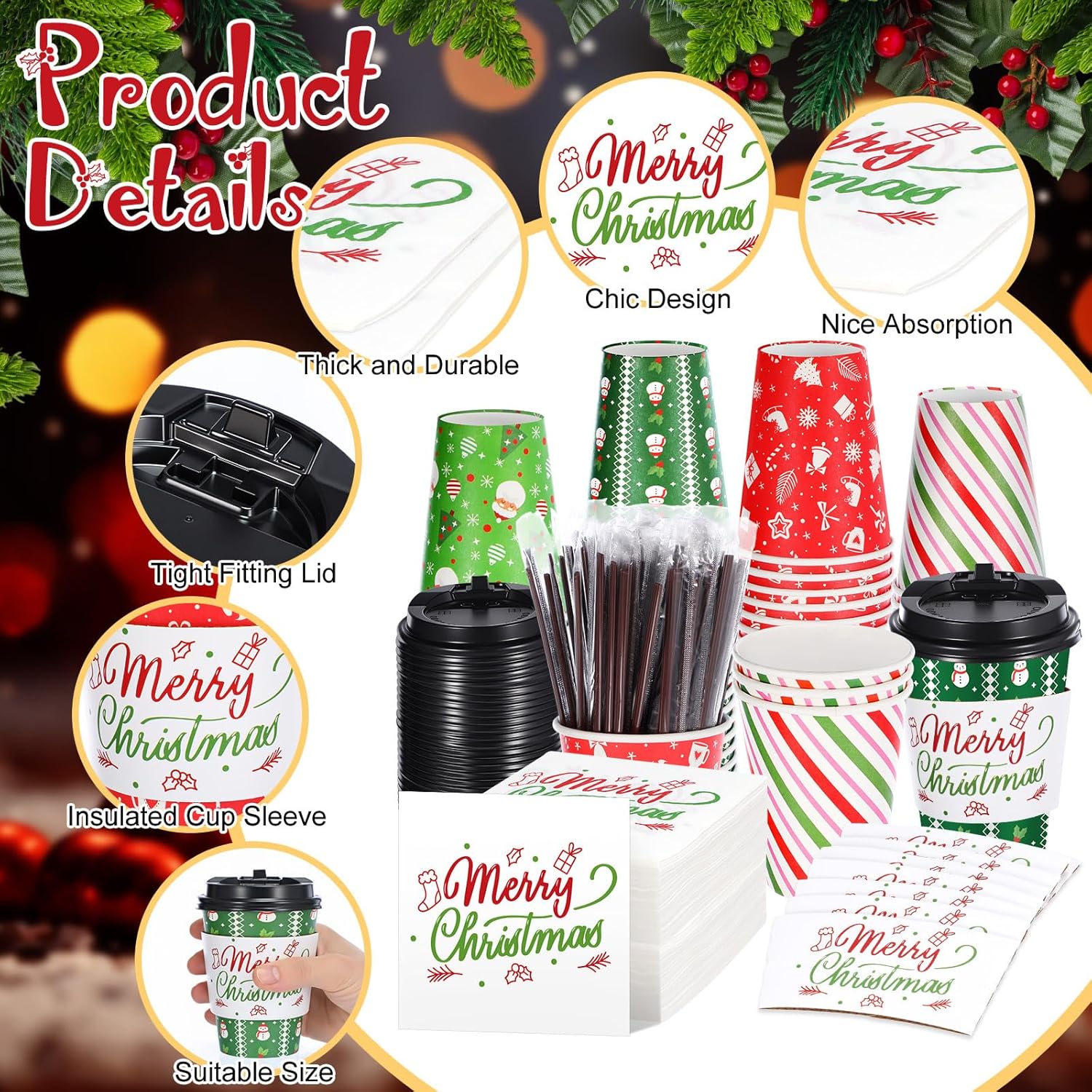 Hushee 100 Set 12 oz Christmas Disposable Coffee Cups with Black Lids Drinking Cup Sleeves Stir Straws and Napkins for Christmas Party Supplies Coffee Cocoa Hot Chocolate Juice Tea (Bright)