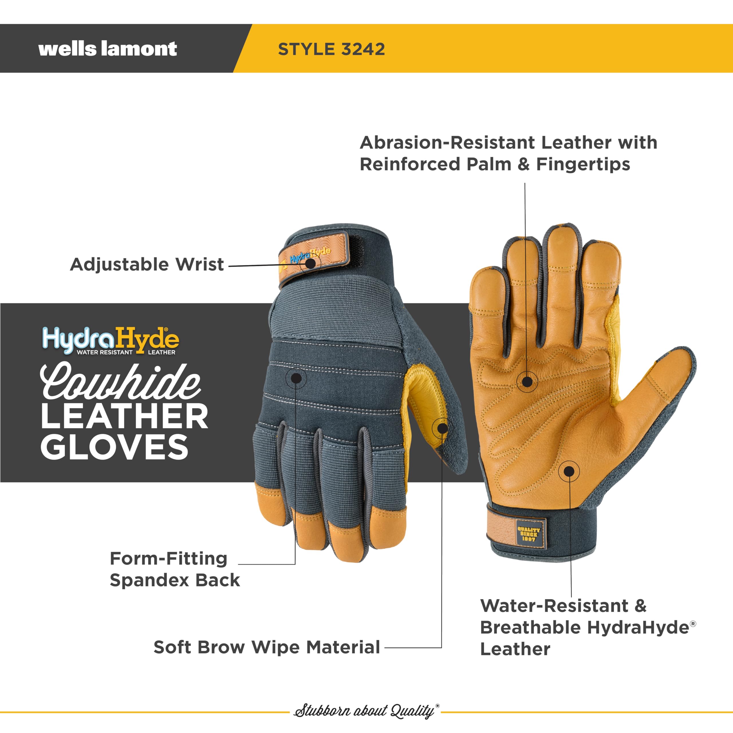 Wells Lamont HydraHyde - Guantes de trabajo híbridos de cuero vacuno de alta calidad, resistentes al agua, talla M (3242M)