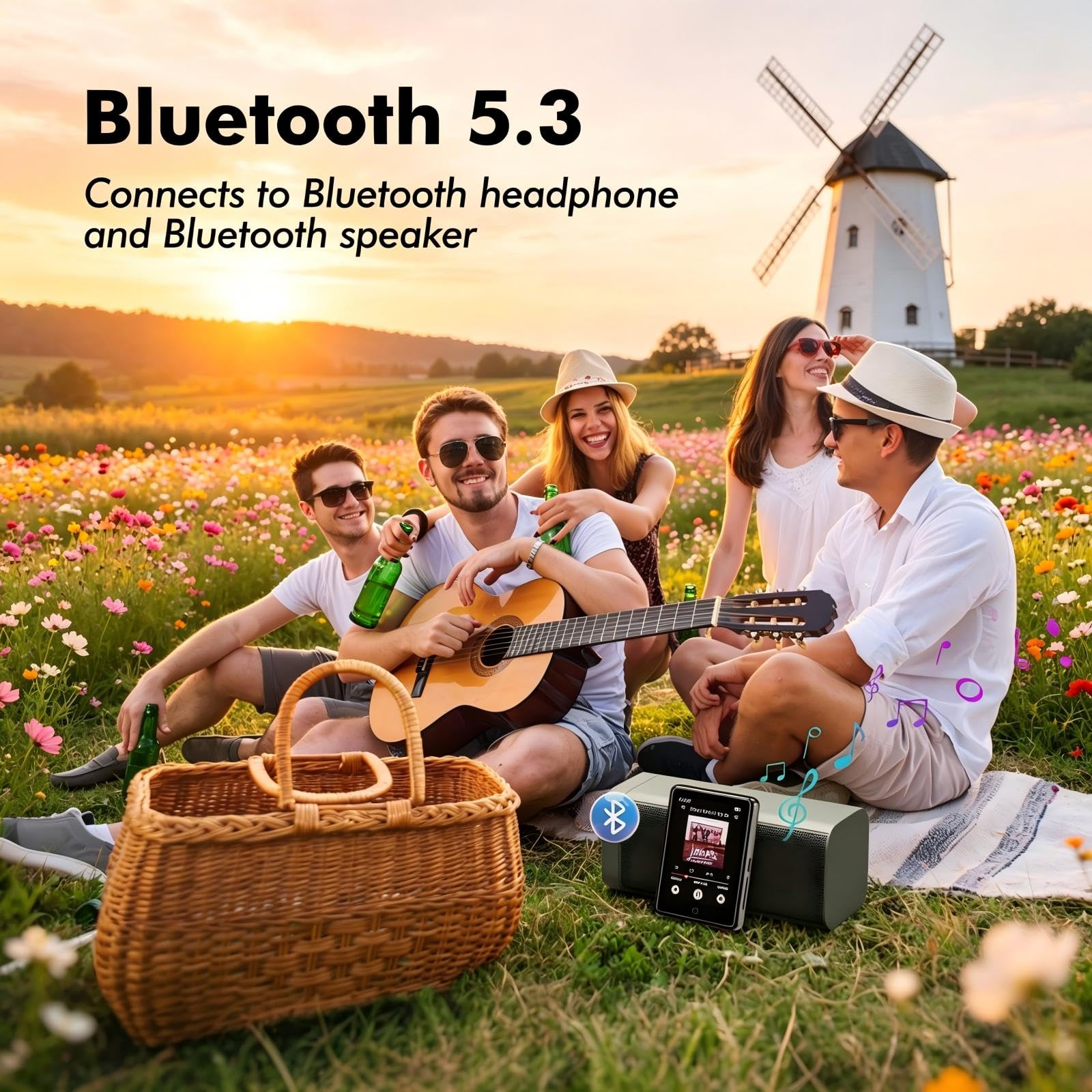 Reproductor MP3 de 32 GB con Bluetooth 5.3 con Altavoz para niños Calidad de Sonido HiFi, Pantalla táctil de 2,8 Pulgadas, Radio FM, Grabadora de Voz, Admite Tarjetas TF de hasta 128 GB (Negro)