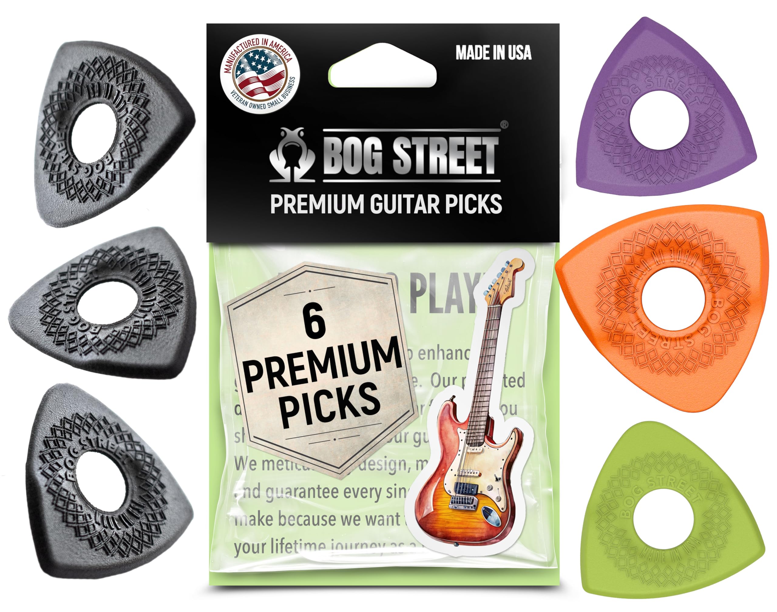 Bog Street Textured AXE Series Ergonomic Guitar Picks Thin Guitar Pick Pack of 6 with CUT, BLADE & BATTLE AXE Picks for Guitar - Made in USA Non Slip Guitar Picks Thick and Thin Pack