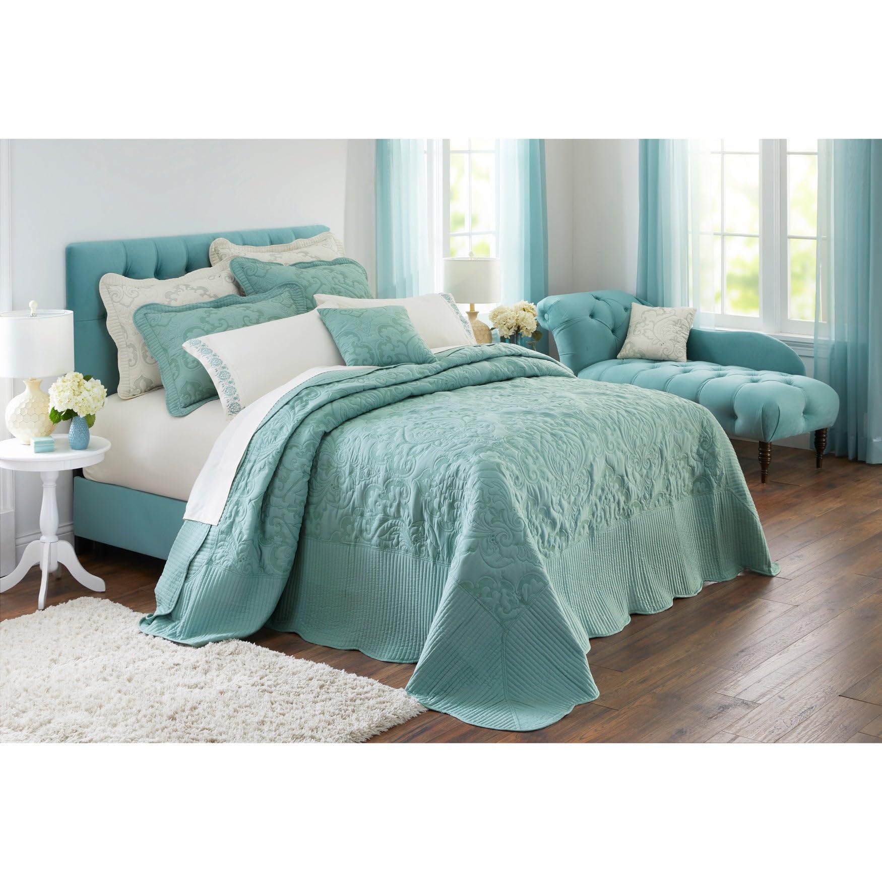 BrylaneHome Bedding Lightweight All Season Modern Amelia Quilted Damask Oversized Ultra Soft Bedspread - Queen, Seaglass