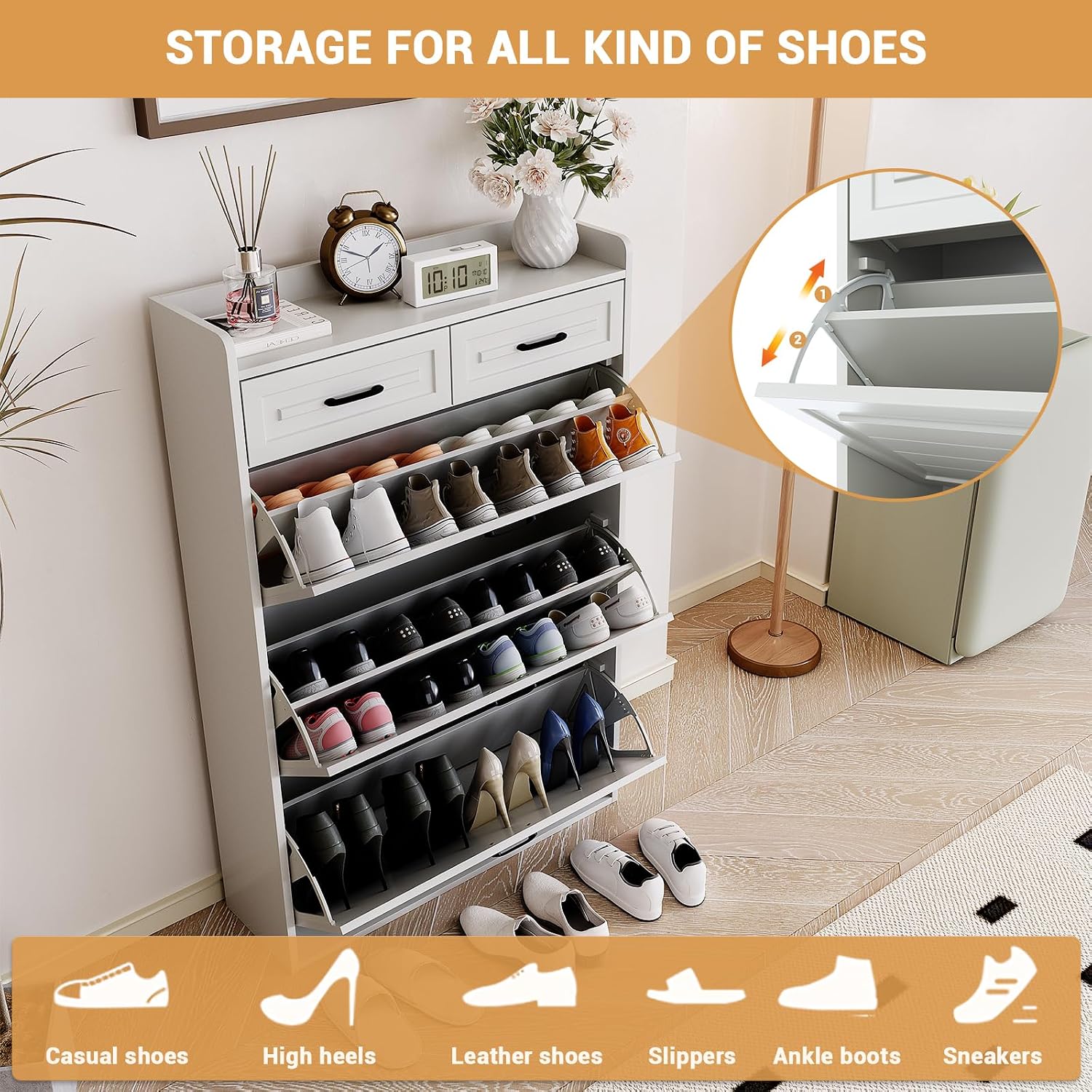GarveeHome Shoe Storage Cabinet with 3 Flip Drawers and 2 Drawers, Hidden Wood Shoe Cabinet for Entryway, Freestanding Shoes Organizer Cabinet, Narrow Shoe Rack, White