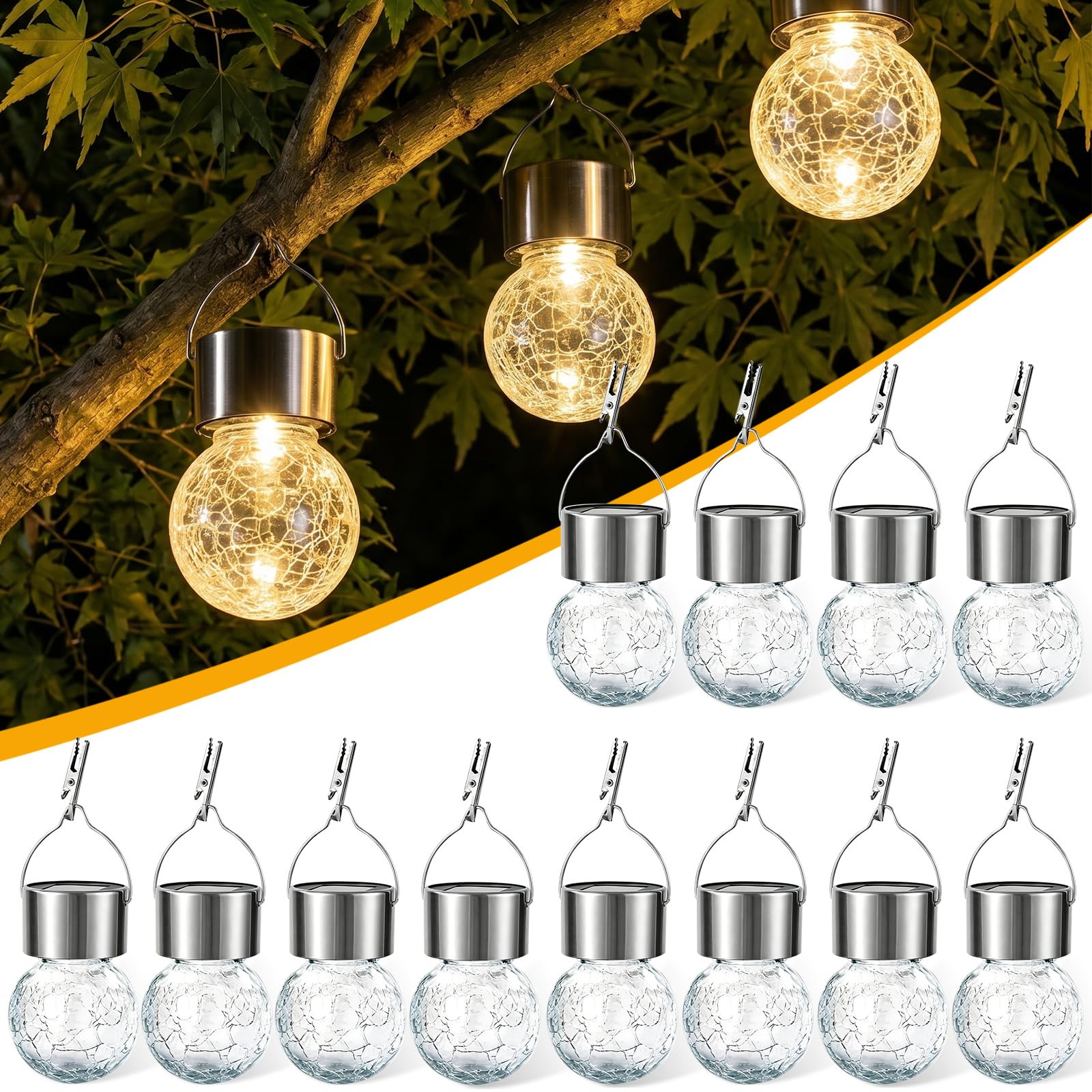 Innvist Hanging Solar Lights Outdoor Garden, 12 Pack Cracked Glass Hanging Ball Lights with Handle, IP65 Waterproof Outdoor Lanterns Decorative Globe Lights for Garden Yard Tree Balcony Patio Gazebo