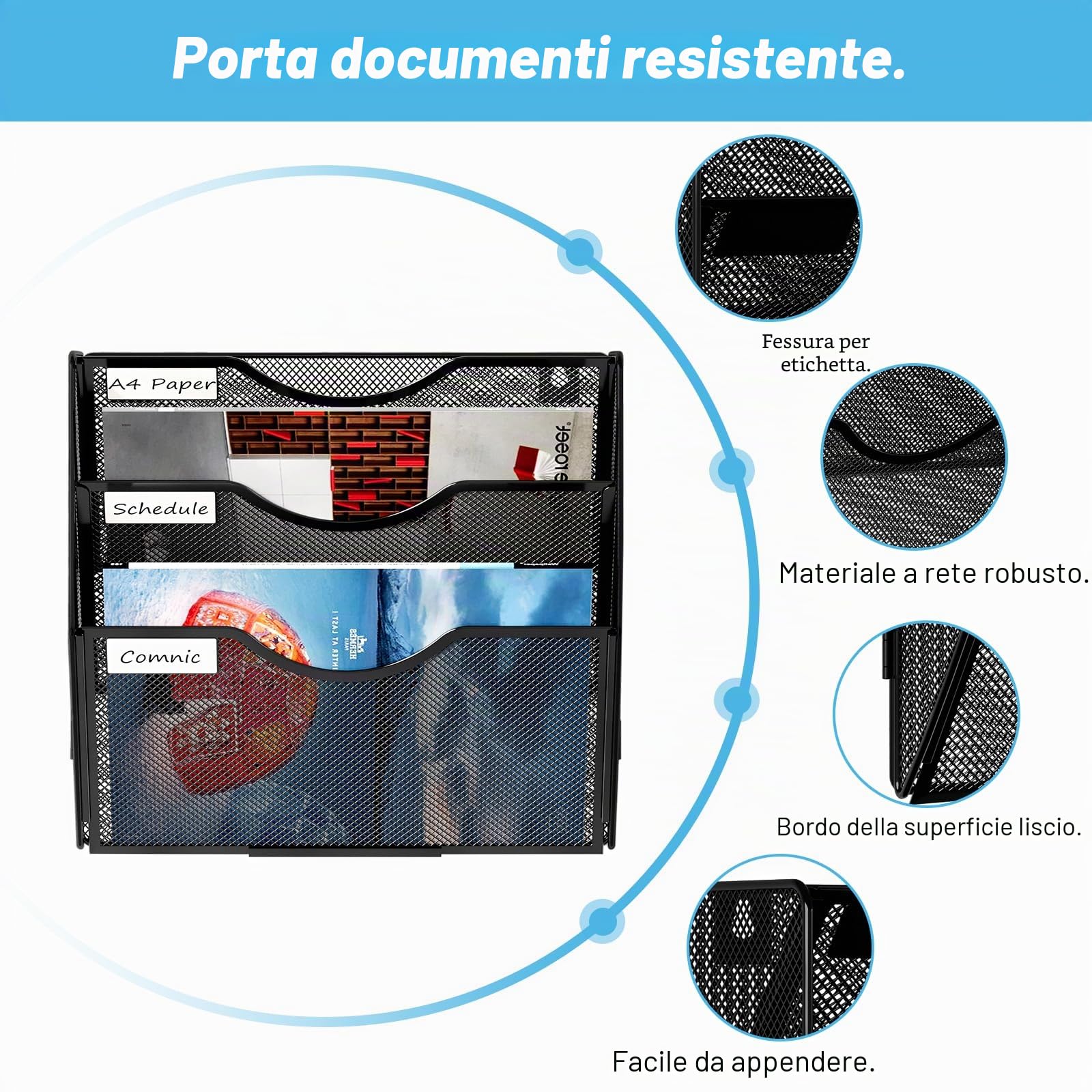 Organizer Documenti da Parete 3 Livelli con Portariviste A4 - Metallo Schedario Ufficio Multifunzione, Portabrochure per Casa e Scuola - Nero