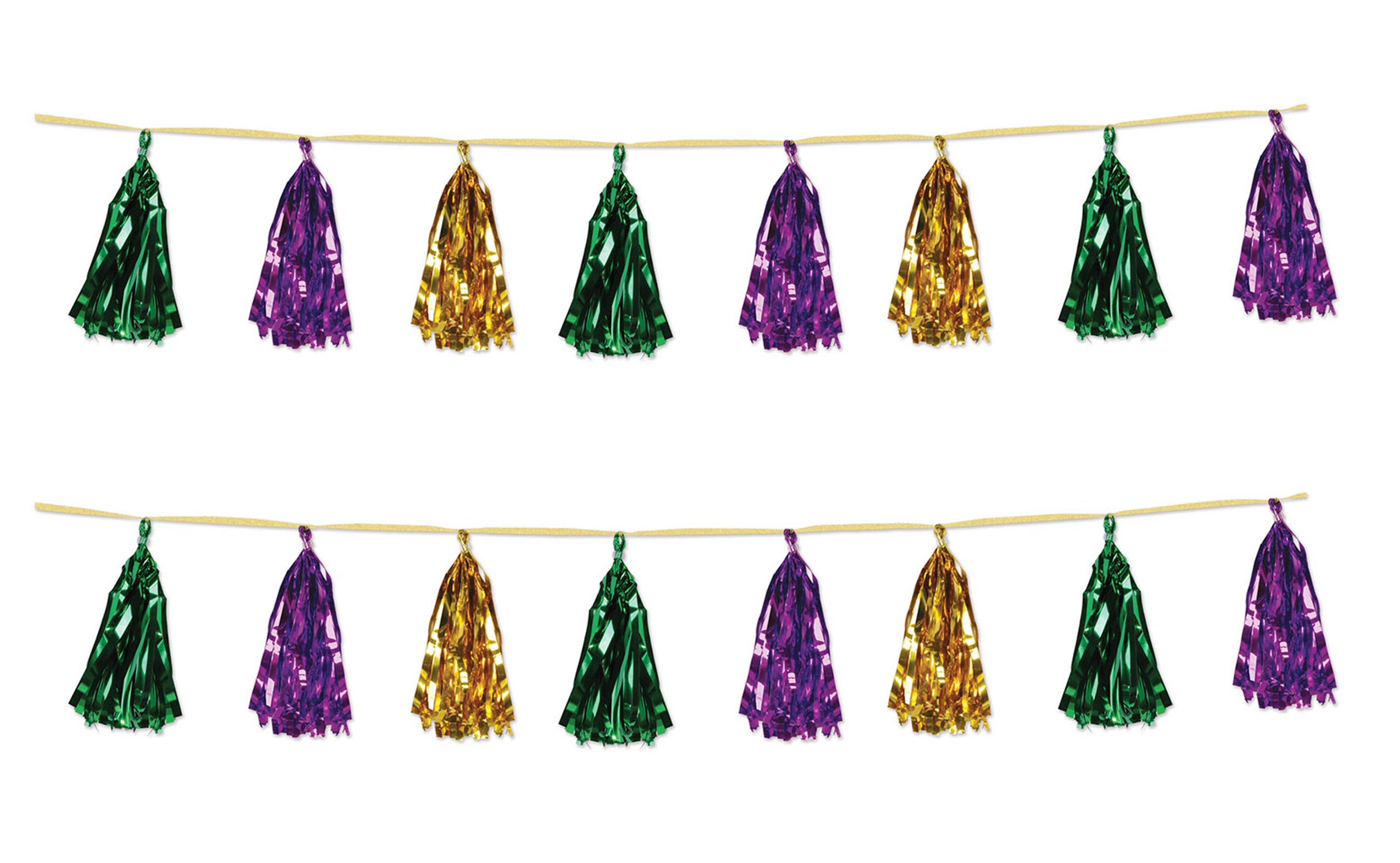 Beistle 59927-GGP, 2 Piece Metallic Tassel Garlands, 9.75" x 8', Green/Gold/Purple