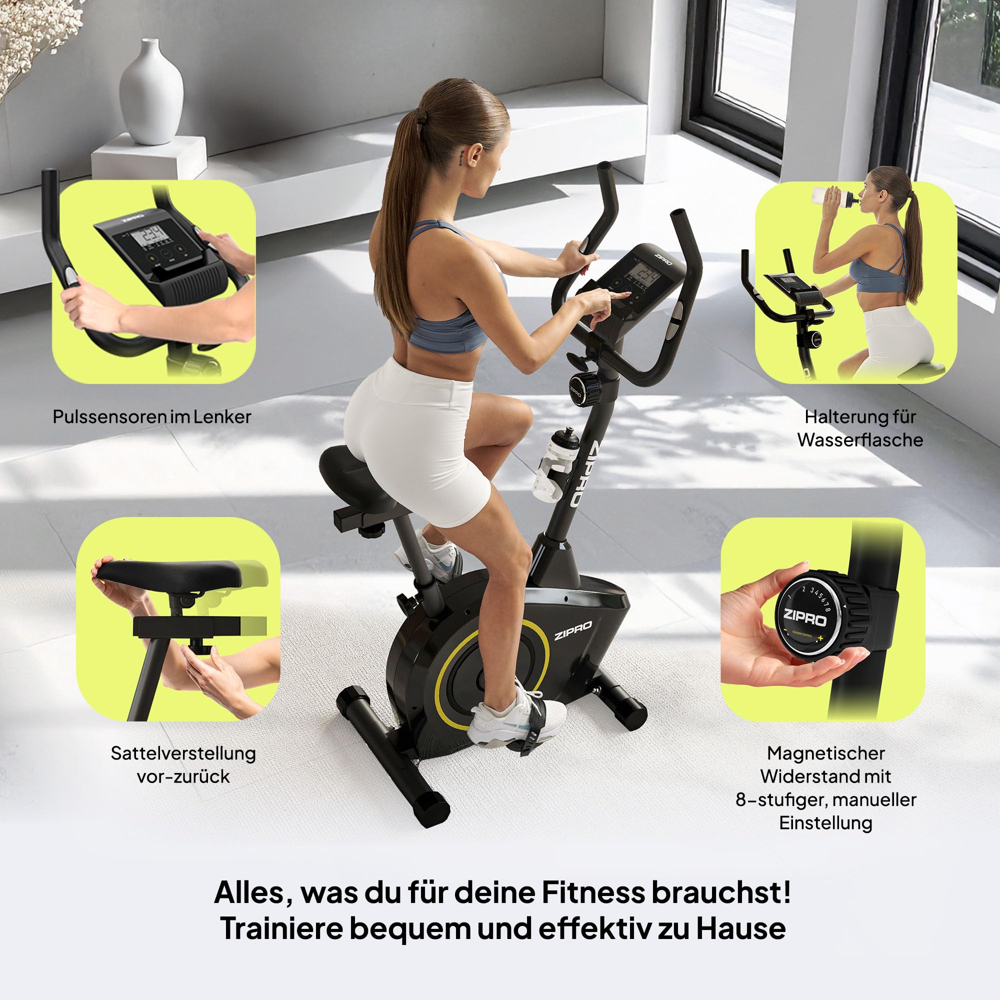 Zipro Heimtrainer Fahrrad Boost, Ergometer Fitnessbikes, Magnetisches Fahrradtrainer, Ergometer Fahrrad bis 120kg, Indoor Bike, Trainingsfahrrad für zuhause, Fahrradergometer Batteriebetrieben