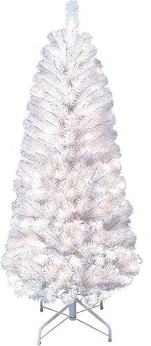 Puleo International Árbol de Navidad artificial preiluminado de 4.5 pies con 150 luces, color blanco