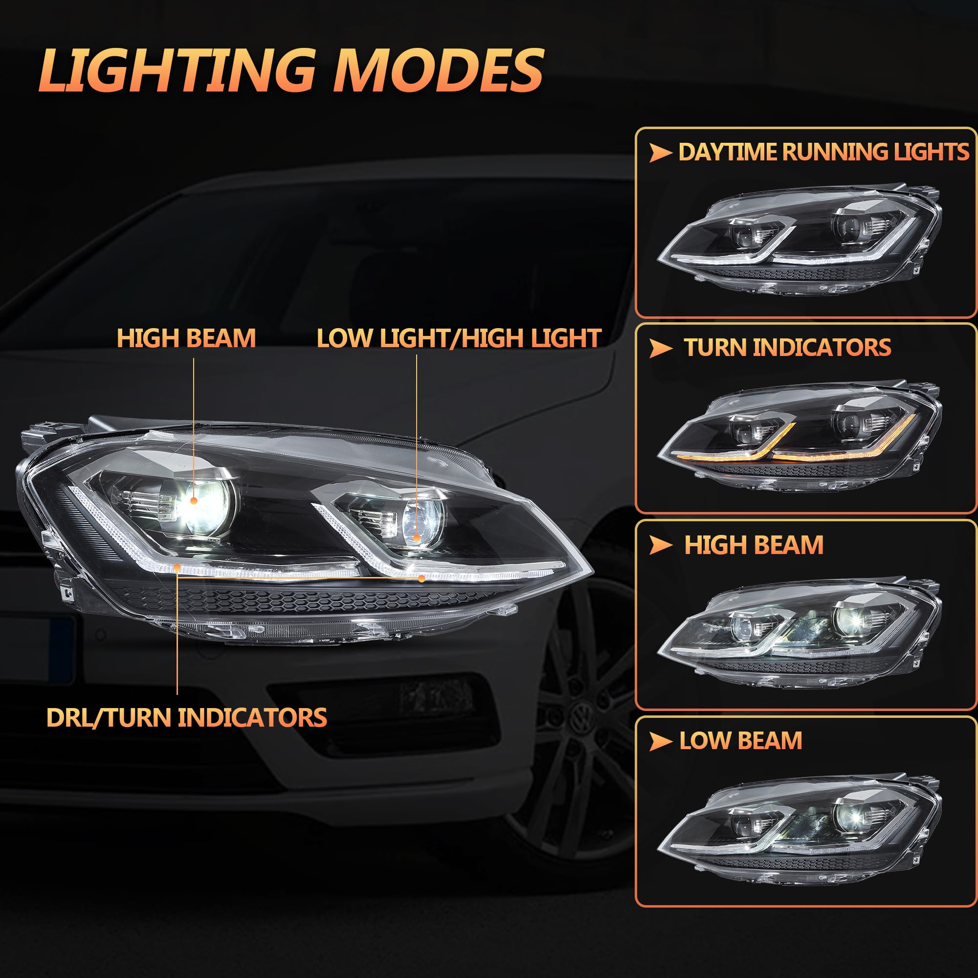 VLAND Fari Full LED per Golf 7 Golf MK7 TSI TDI Alogena 2012-2017 [non per GTI/Xenon/MK7.5/spina a 14/12 pin], con indicatore di direzione dinamico - Argento