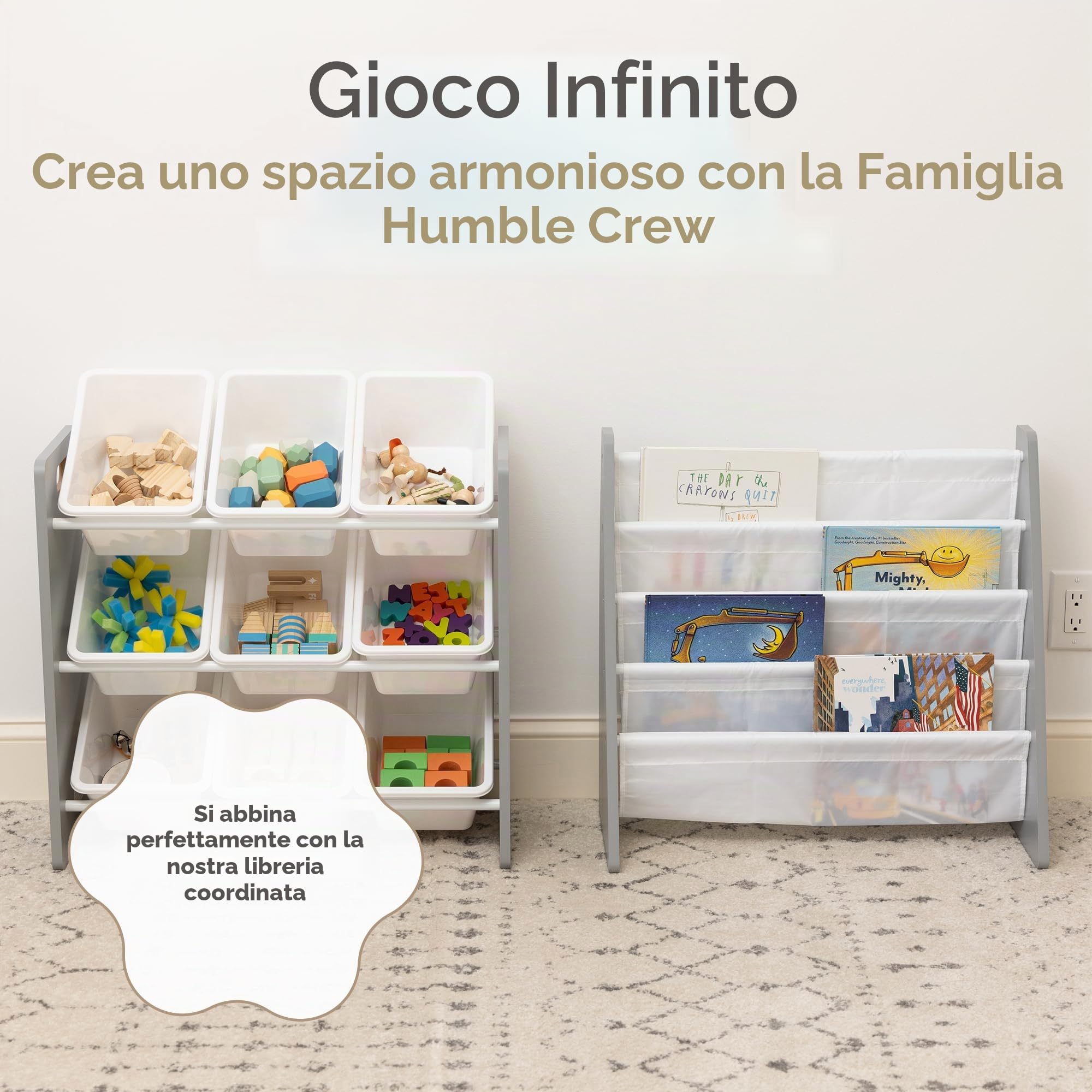 HumbleCrew Scaffale Bambini Moderno: Organizer Giocattoli con 9 Contenitori, Design Grigio/Bianco Elegante, Ideale per Camerette Stile e Ordinate