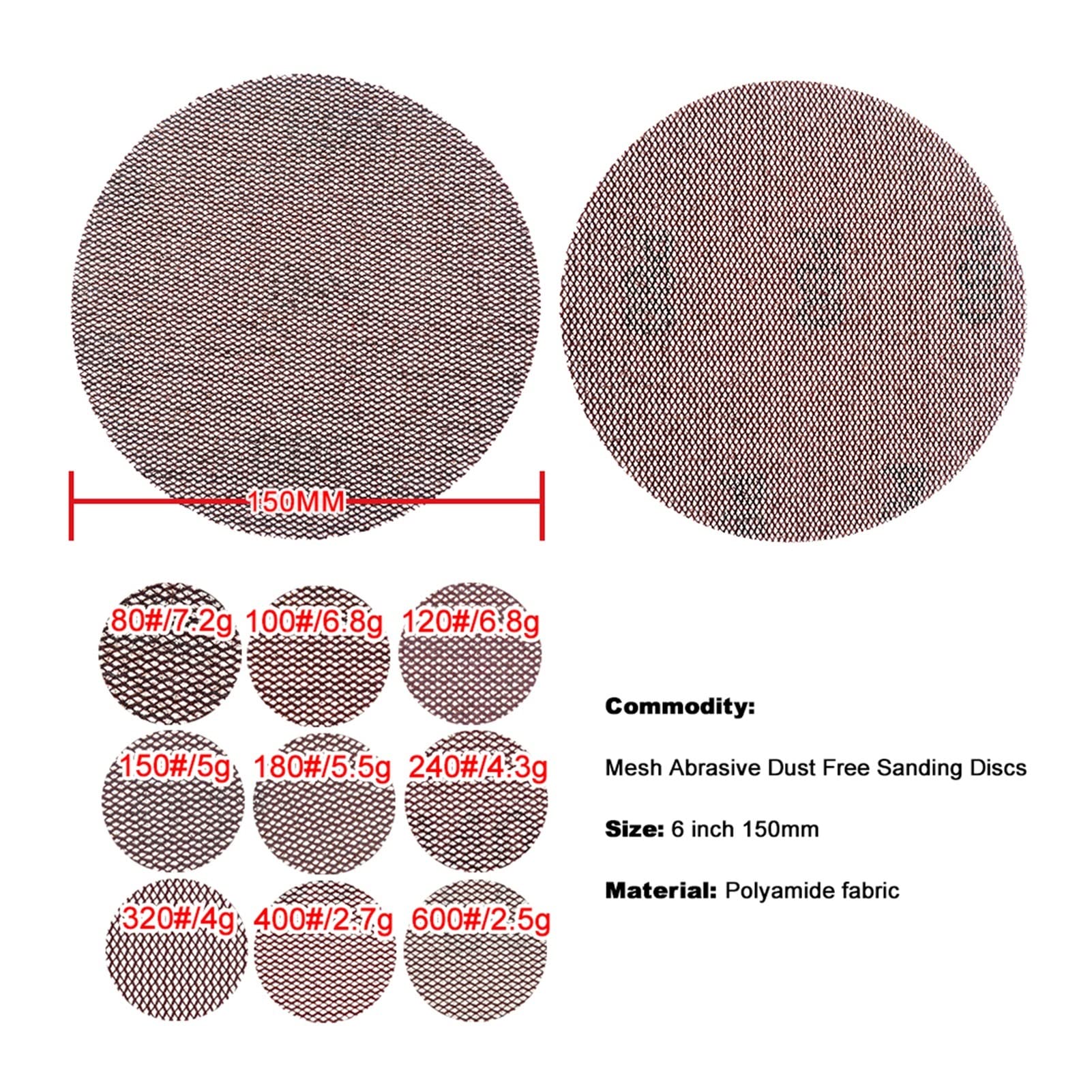Papel de lija abrasivo ZSBLXHHJD 20 piezas de 6 "150 mm gancho y malla de bucle sin zapatas antiadherente papel de lija 80-600 ARENAPIO ARENAPORTE METAL DE AUDIVO (Color : 320 Grit)