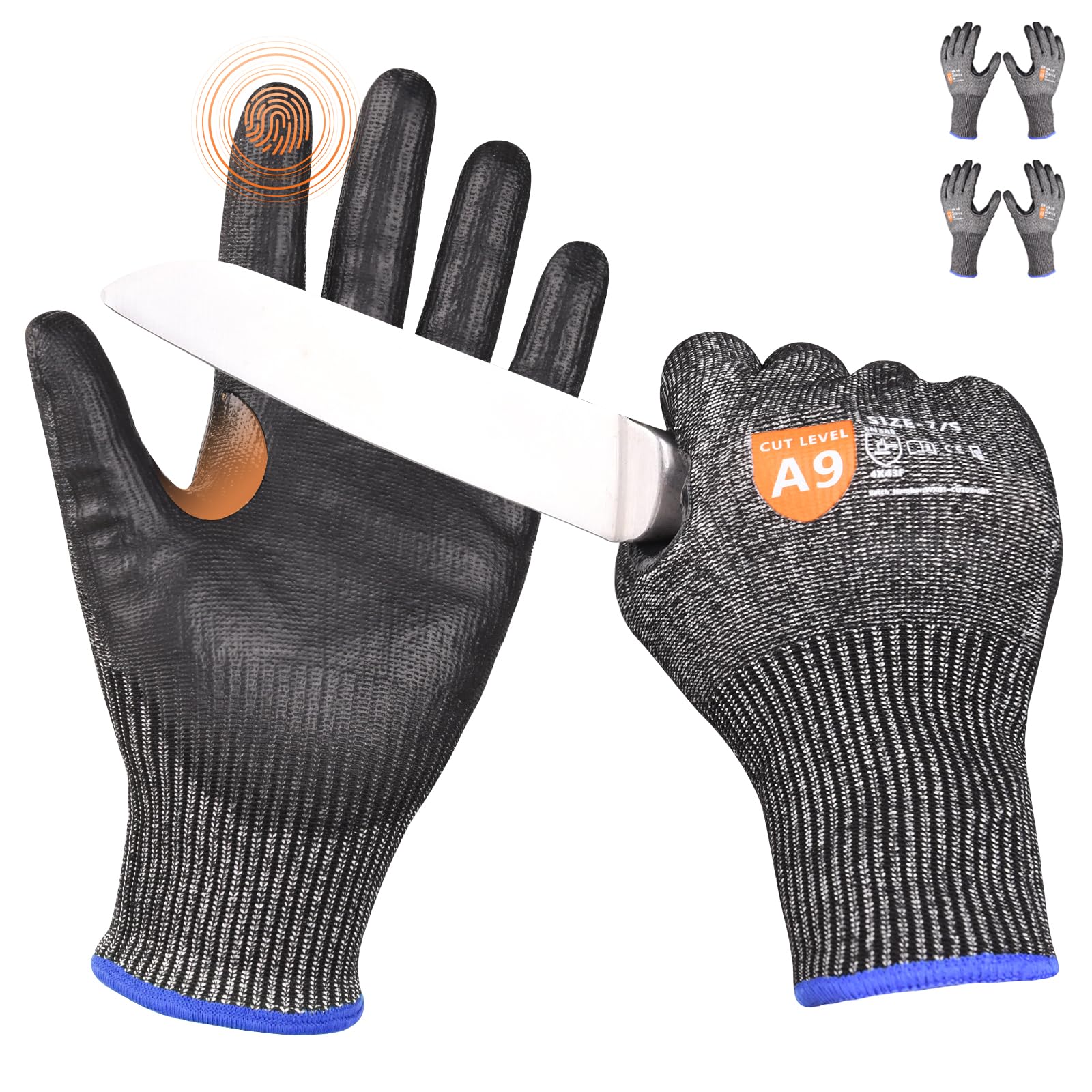 Donfri 2 Pairs Level 9 Cut Resistant Safety Work Gloves, High Protection Cutting Proof Chainsaw Gloves with Reinforced Thumb, Non Slip, Durable, Touch-screen (S)