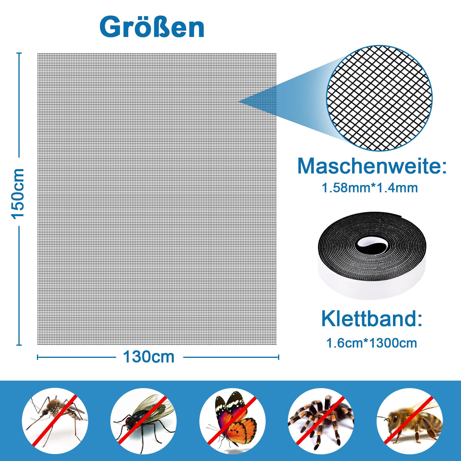 2 Stk Fliegengitter Fenster, 130x150cm Moskitonetz Fenster Katzensicher Ohne Bohren, Mückennetz Fensternetz Insektenschutz Fiberglas, Fliegennetz Insektengitter Klettband Zuschneidbar (Schwarz)
