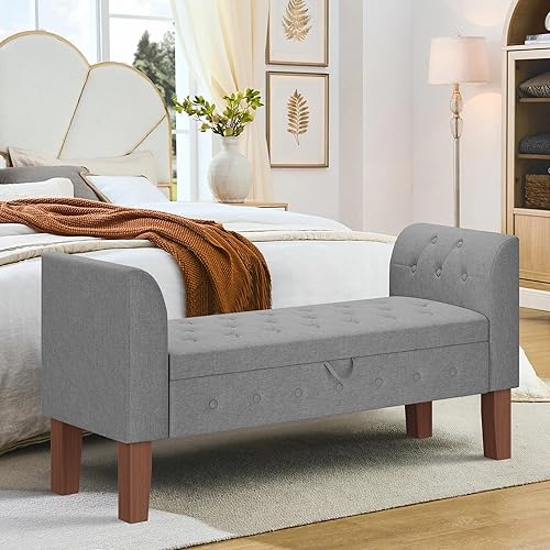 Miniatura 11 de Awonde Banco de almacenamiento tapizado con brazos otomano para dormitorio, entrada, sala de estar, color caqui Avena,Beige,Gris