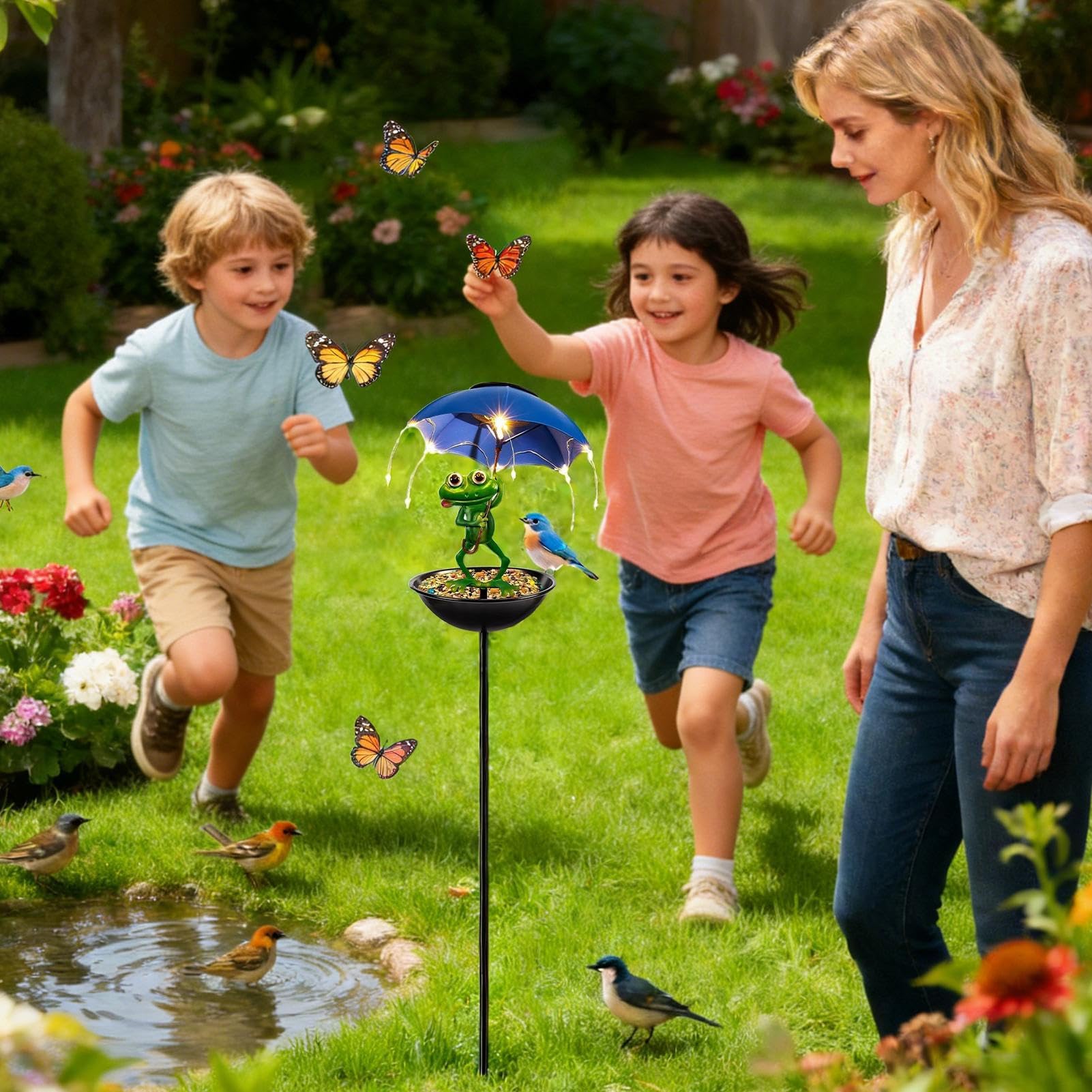 Mangiatoia per uccelli da giardino con luce solare, stazione di alimentazione per esterni, accessorio paesaggistico per cortile e balcone, ideale per fauna selvatica e uccelli