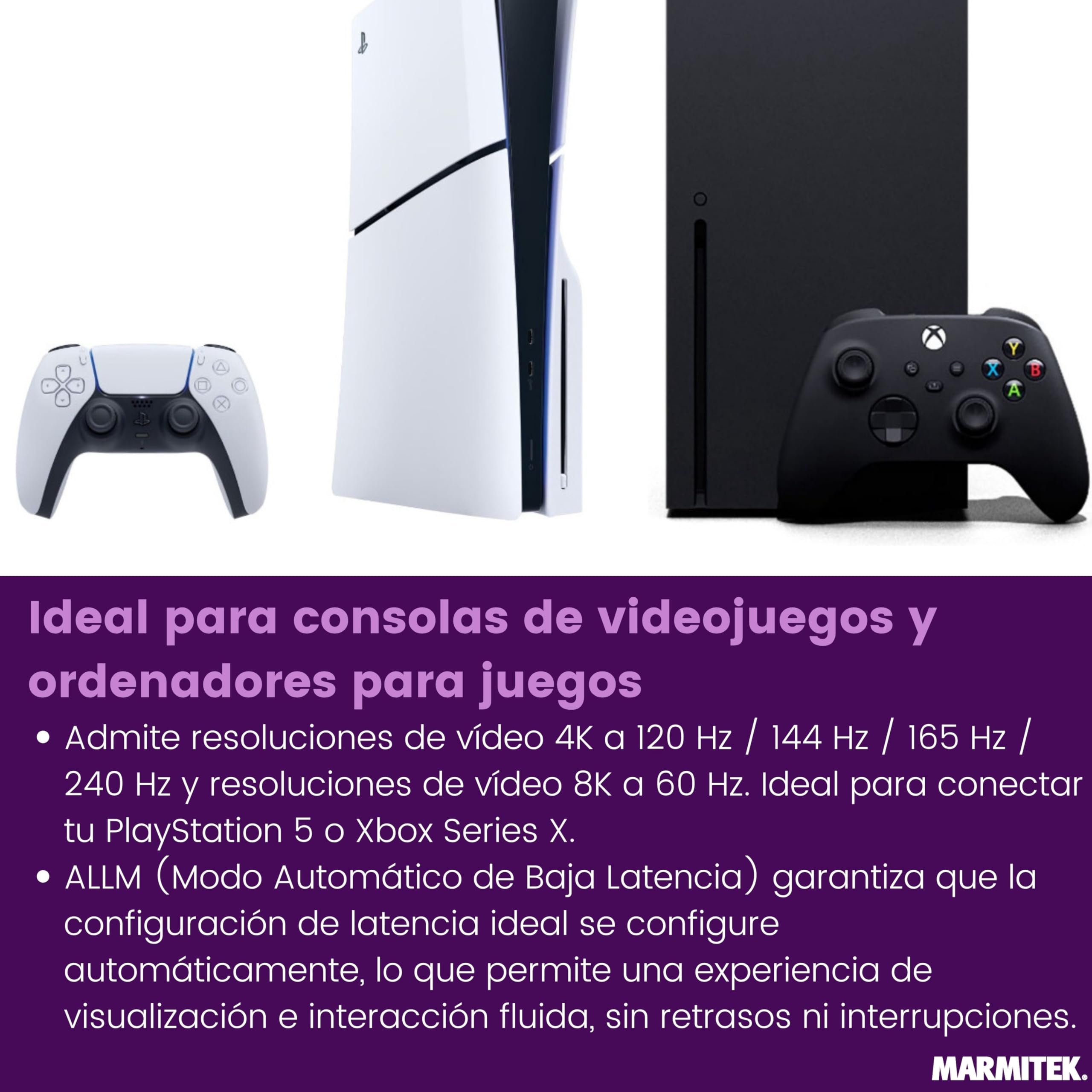 Marmitek AS38 - Switch HDMI 8K - 4K@240Hz - Conmutador 3 entradas 1 Salida | Conmutador HDMI 2.1 para PS5, Xbox y monitor, 4K 120Hz/144Hz/165Hz/240Hz, 48 Gbps, cambio automático, VRR, ALLM y DSC