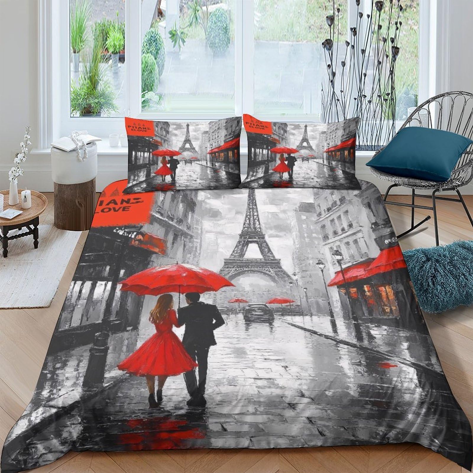 Ctjqhvkz Style-10 3D Printed Paris Street Scene Fitted Sheet Microfiber Red Umbrella Bed Cover For Bedroom Dorm Decorative Single（135X200cm）