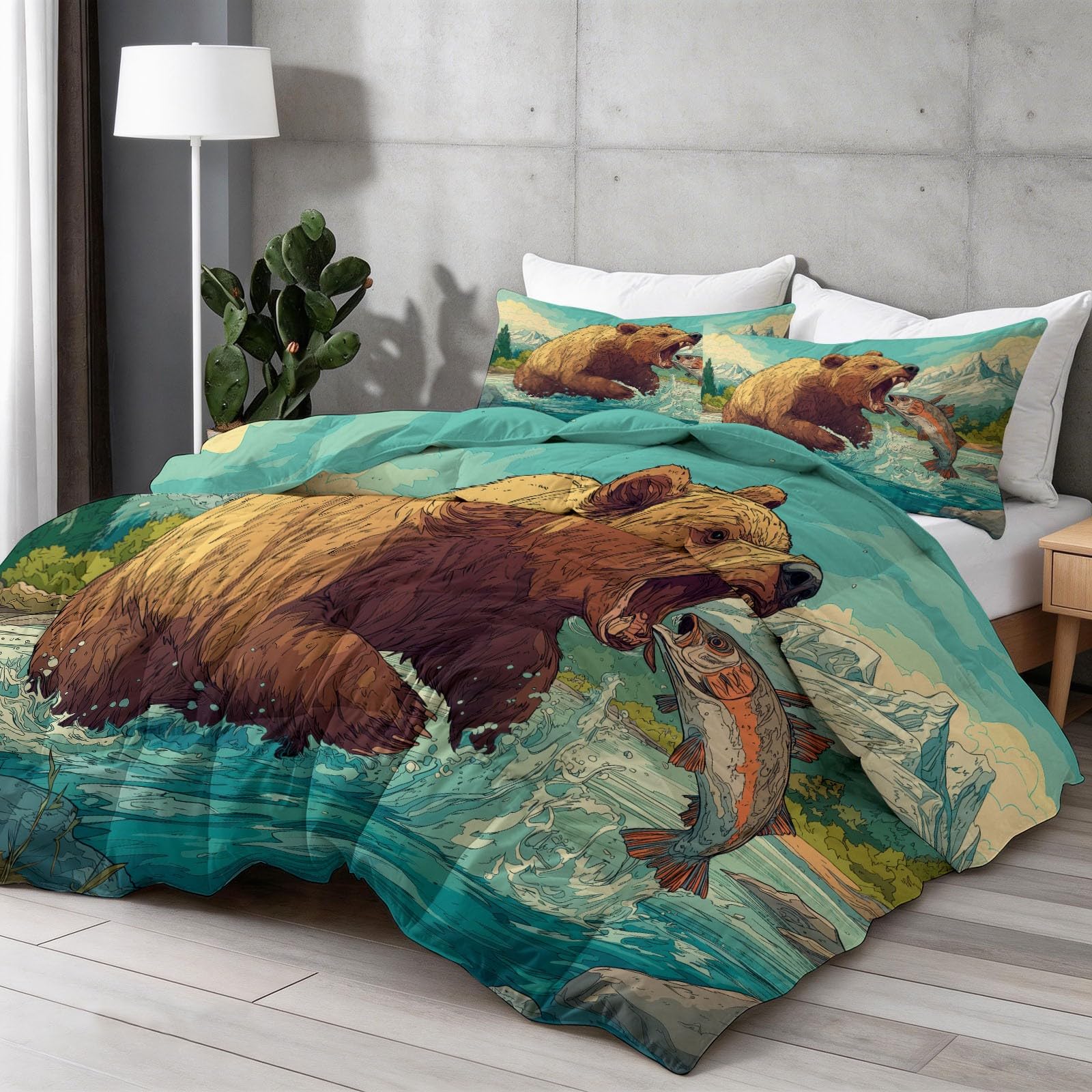 Trapunta 140 x 200 cm, con stampa di cartoni animati animali della giungla orso marrone reversibile, Edredon Piumino con 2 federe, per estate inverno adulto tutte le stagioni, marrone
