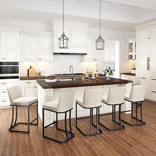 Miniatura 27 de PHI VILLA Juego de 4 taburetes de bar gris claro, sillas de altura de mostrador de piel sintética, taburetes de cocina para isla, taburetes de bar