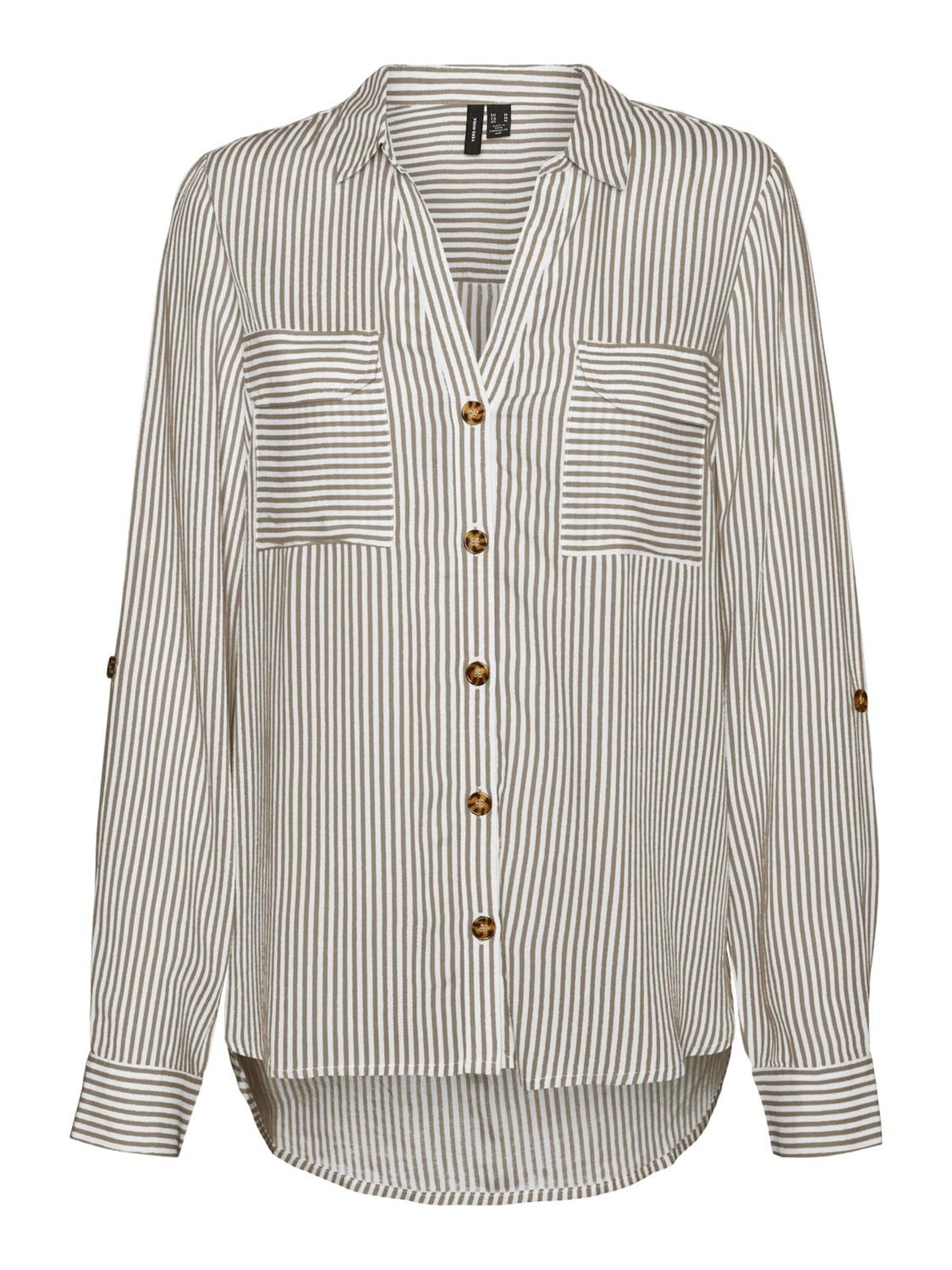 VERO Moda Womens Bumpy l s Shirt, Silver Mink/Stripes: Snow White, S
